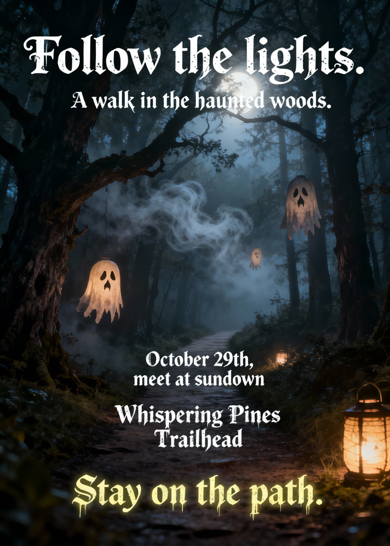 haunted halloween invitation with ghostly lanterns