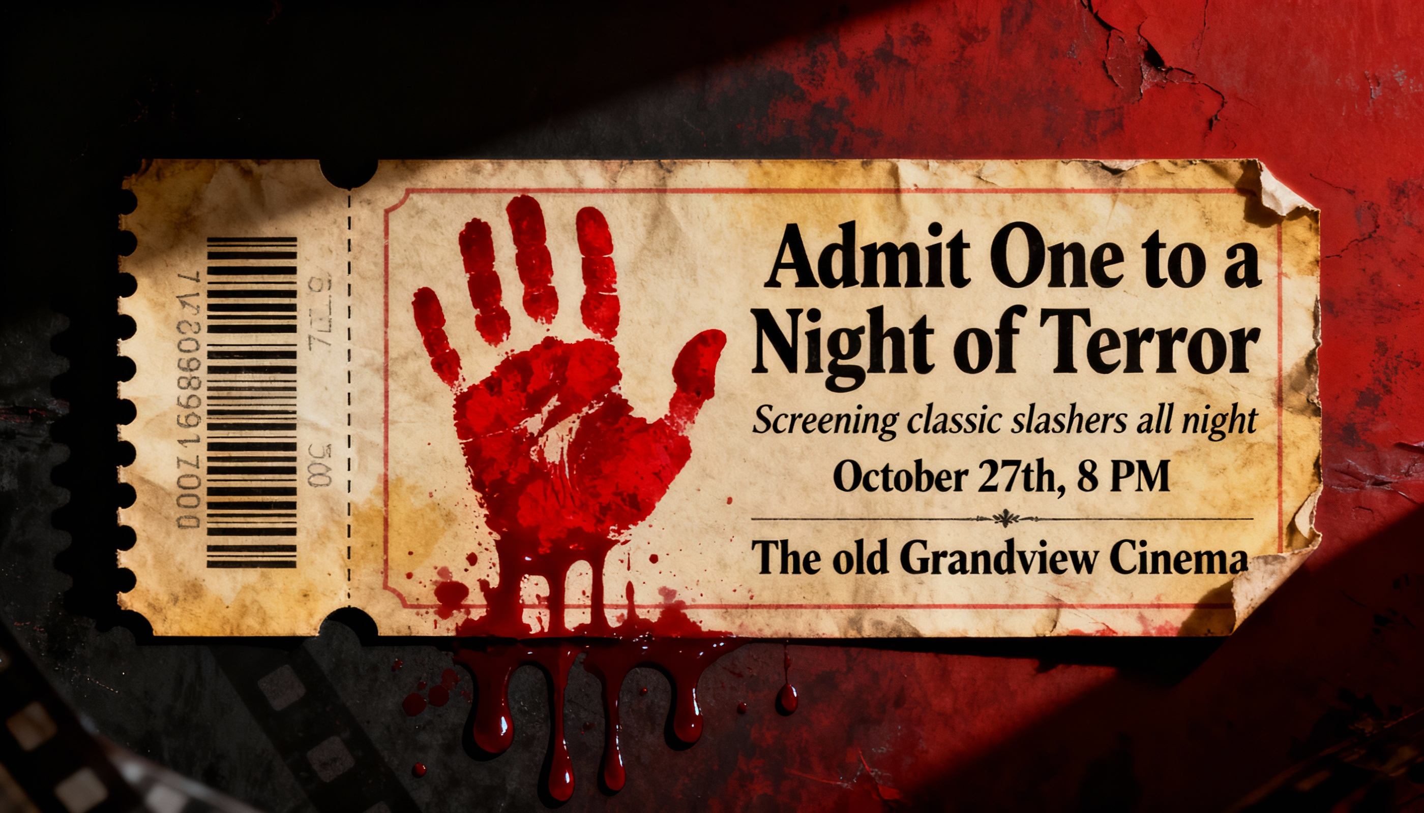 horror movie night invitation template with bloodstain