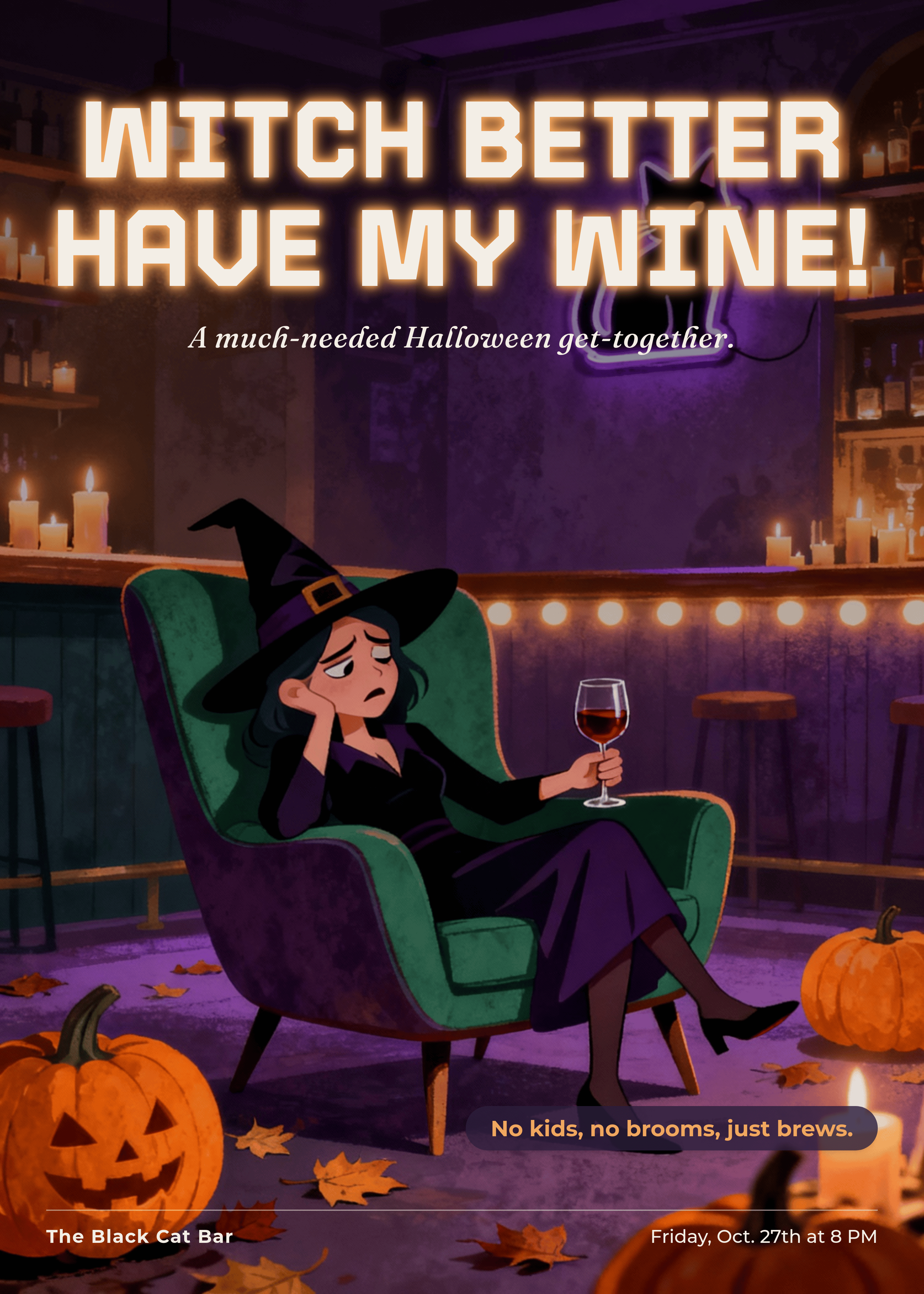 humorous girls night halloween invitation with witch