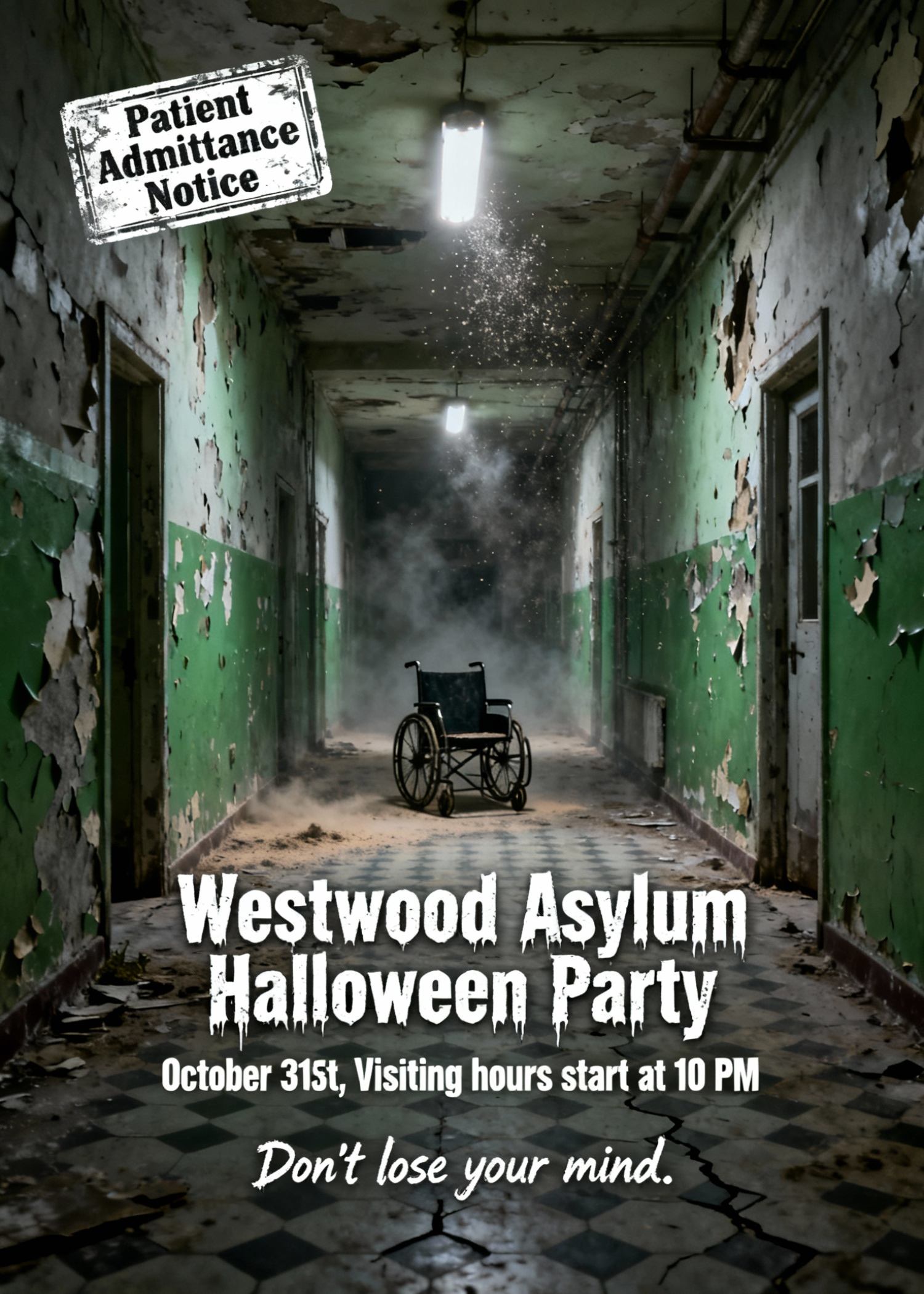 creepy insane asylum themed halloween party invitation