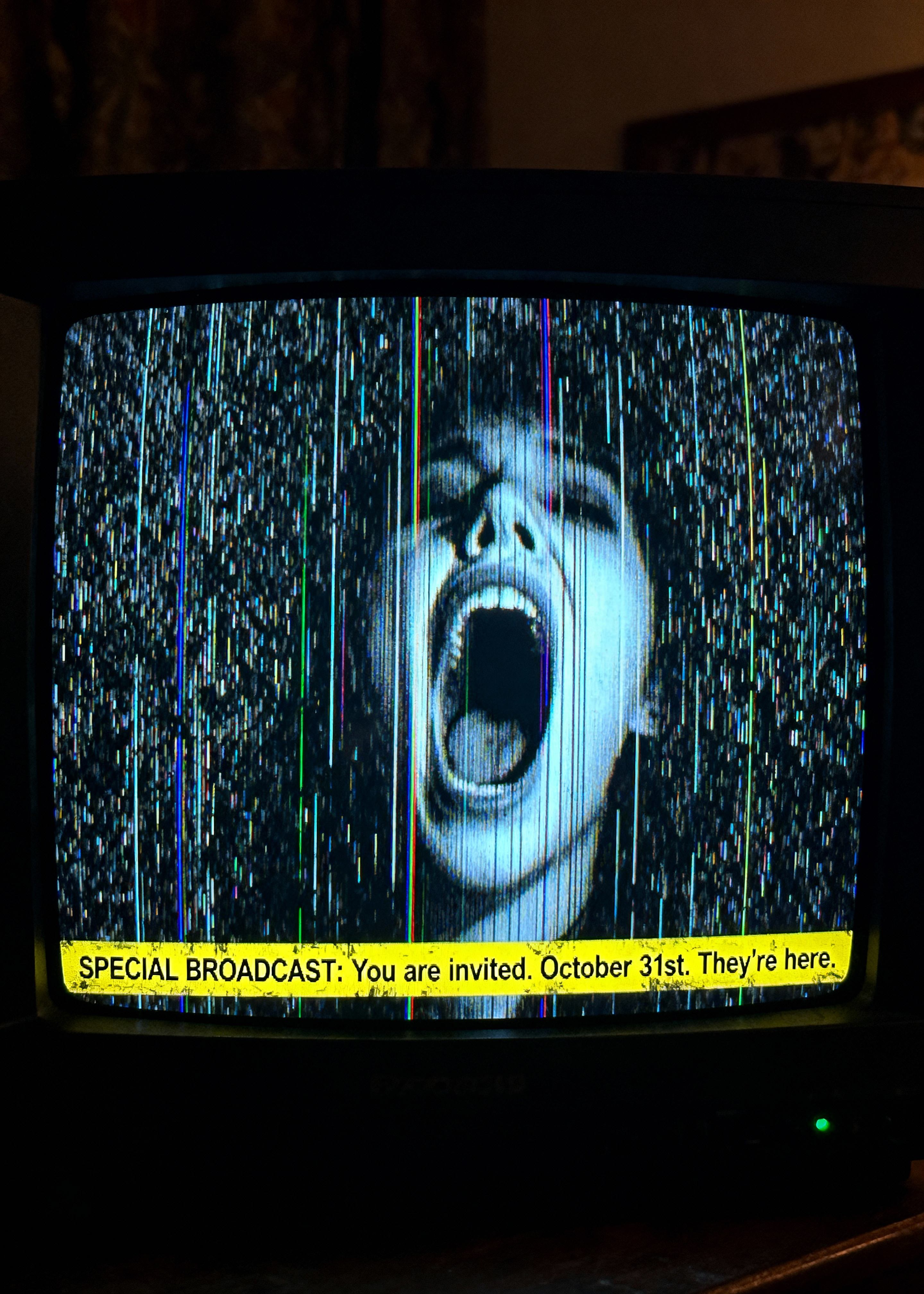 modern analog horror invitation with creepy tv screen