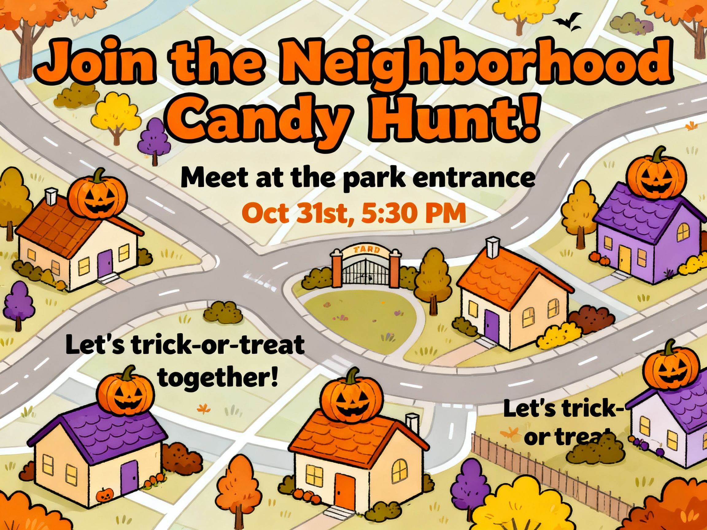 neighborhood trick or treating invitation with cute map
