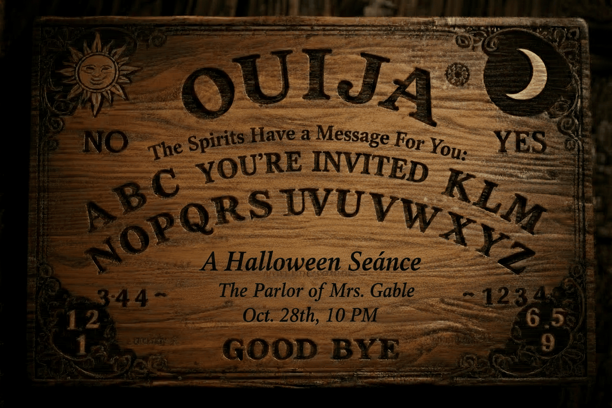 retro halloween party invitation designed like a vintage ouija board