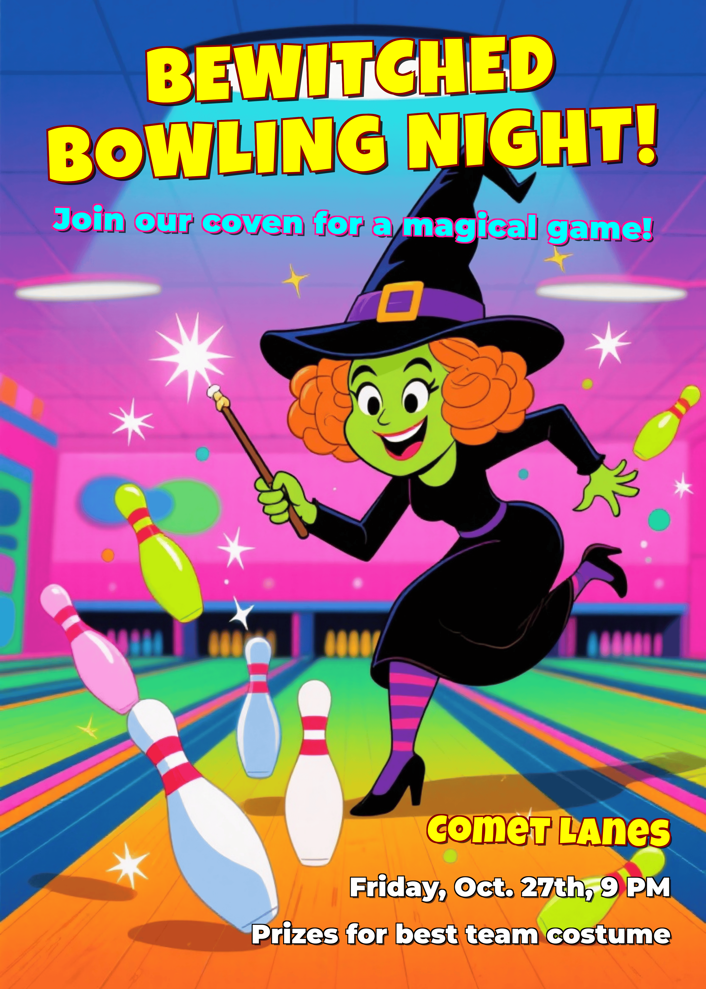 1960s retro halloween invitation for a bowling night party