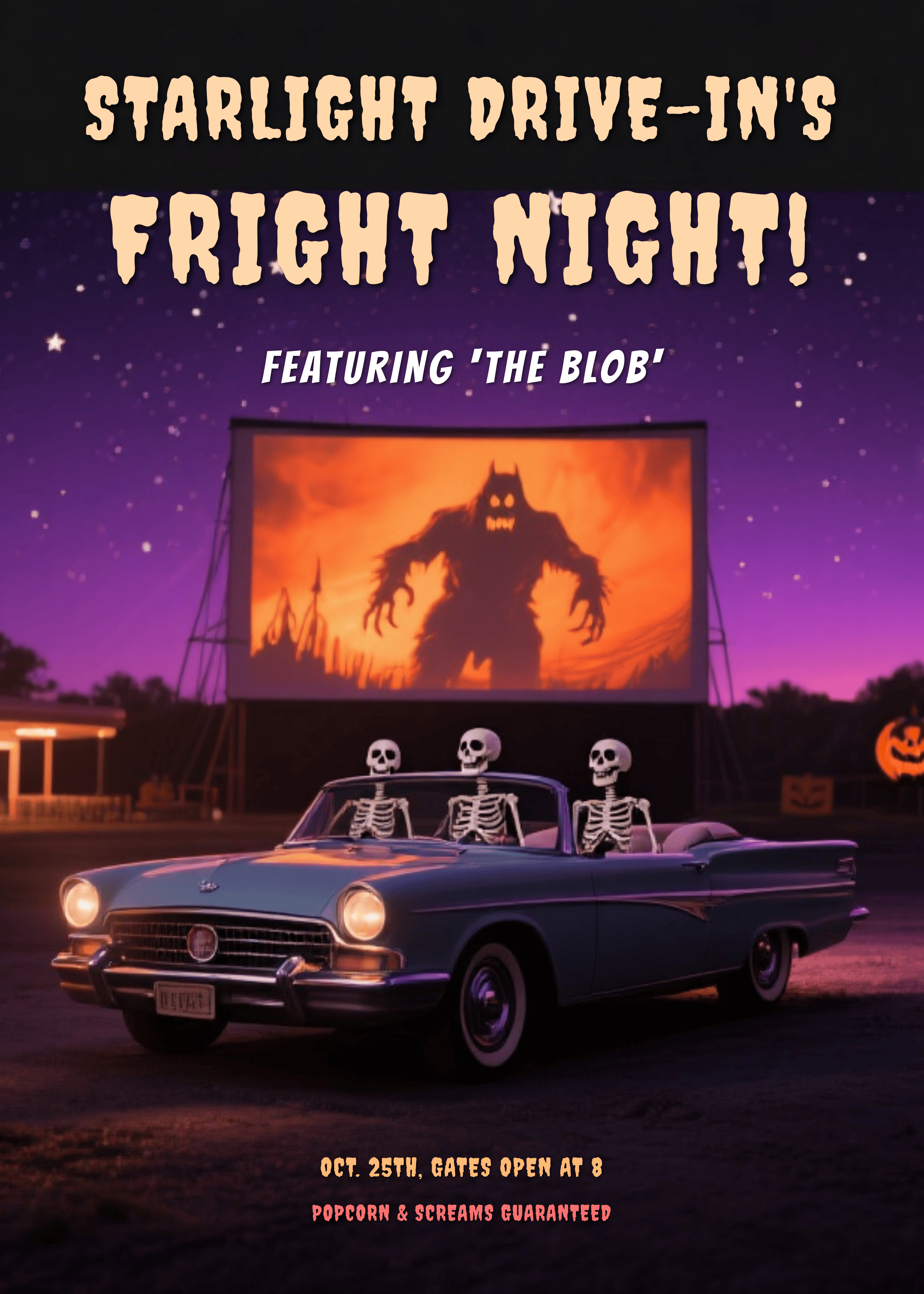 retro halloween invitation with 1950s drive-in movie theme