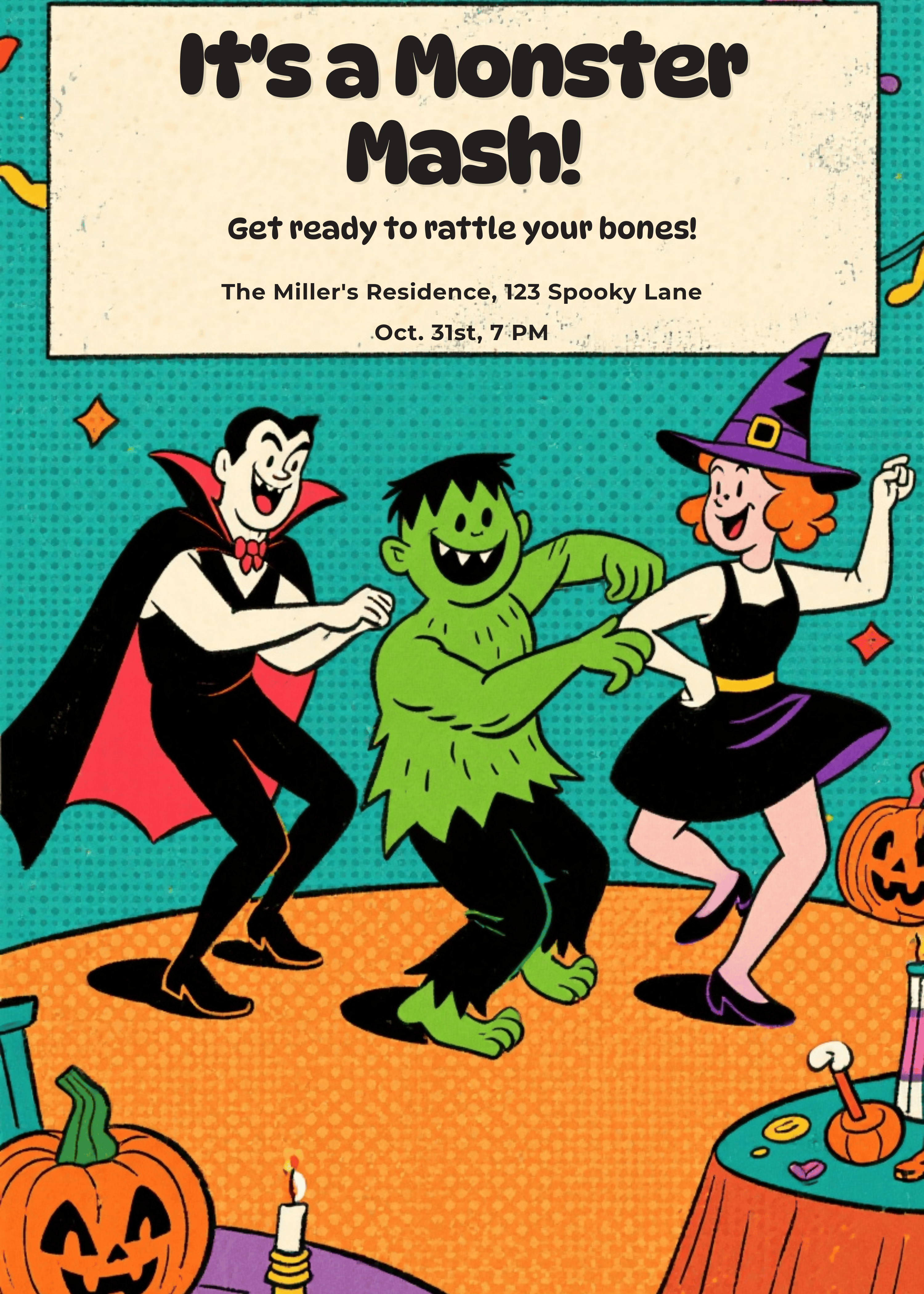1950s retro cartoon halloween party invitation with monsters