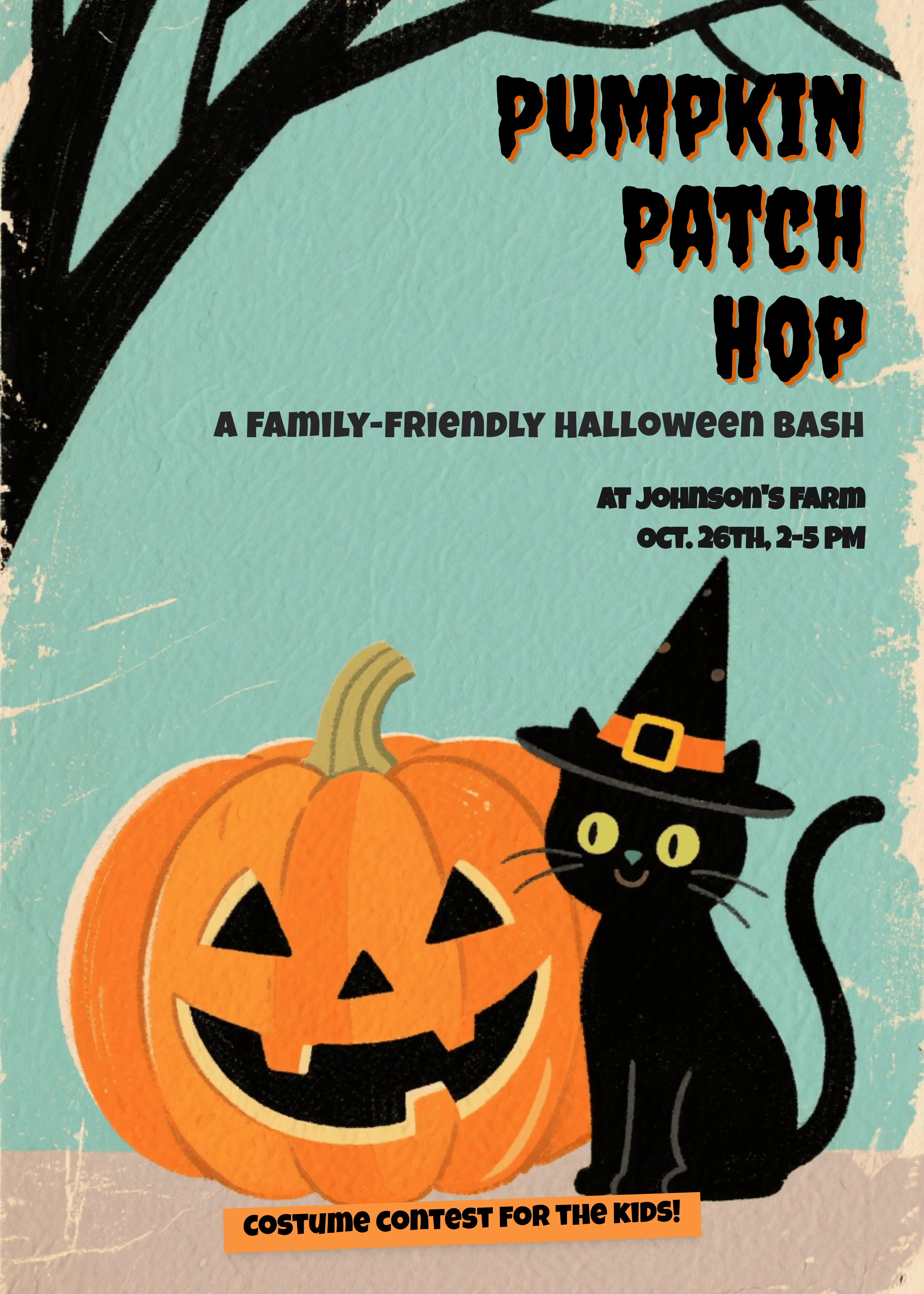 1960s vintage halloween invitation with jack-o'-lantern and cat
