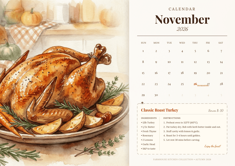 带有插图食物食谱的厨房日历