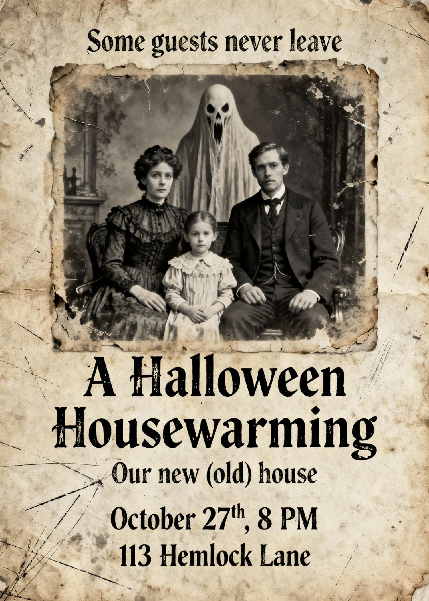 spooky halloween invitation with a ghost in photo