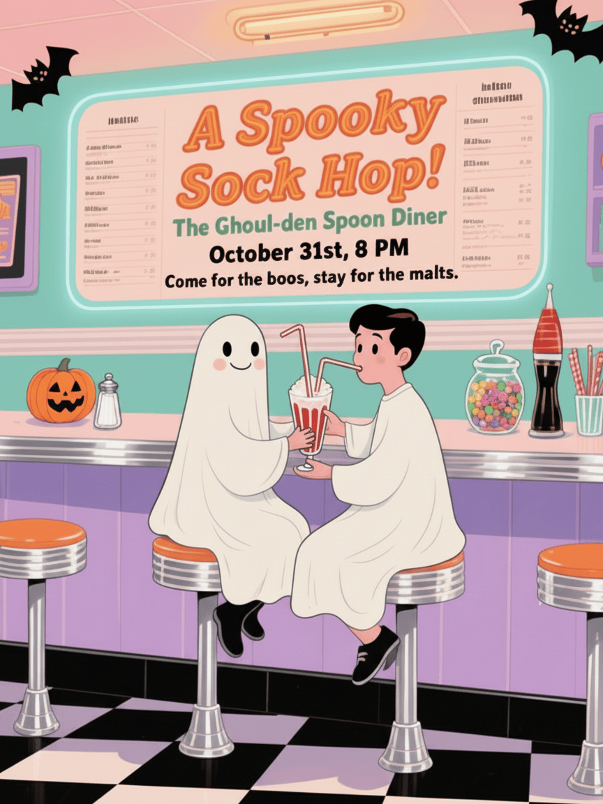 cute vintage halloween invitation with ghosts in soda shop