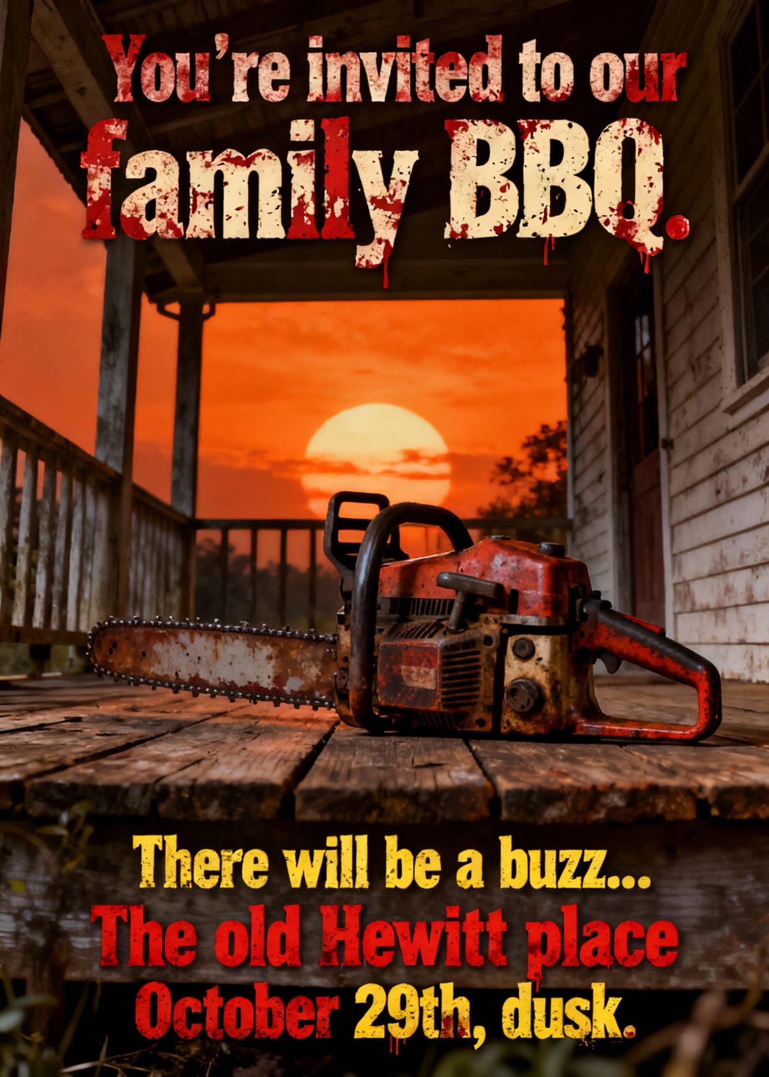 terrifying halloween bbq invitation with a chainsaw