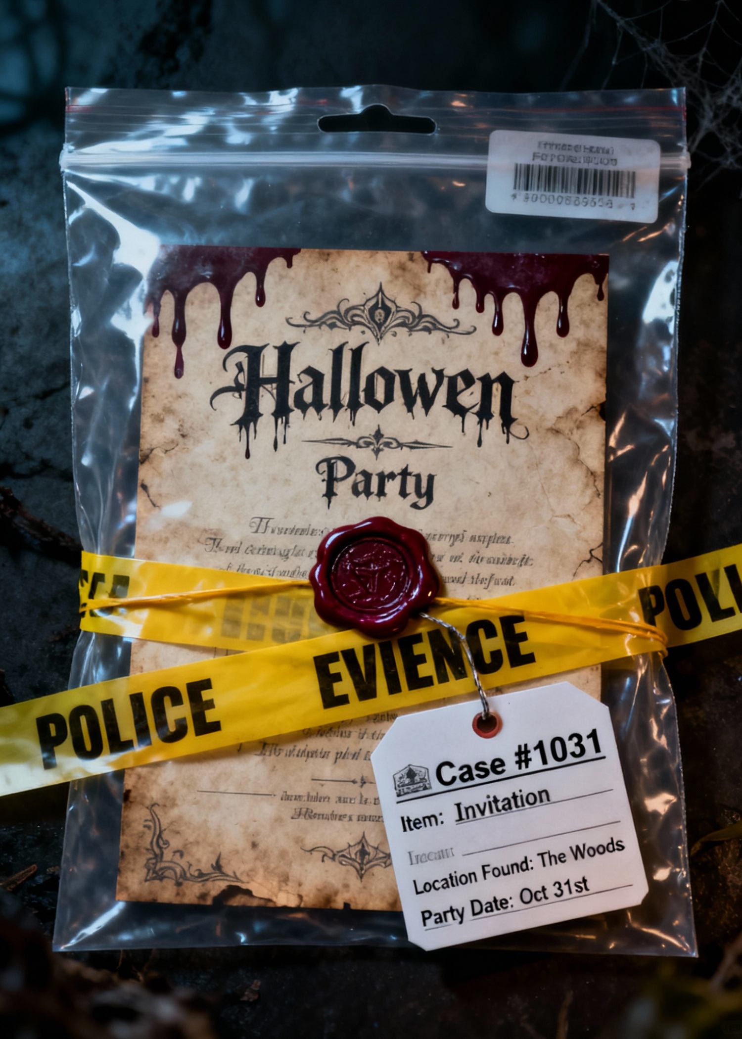 terrifying halloween invitation in an evidence bag