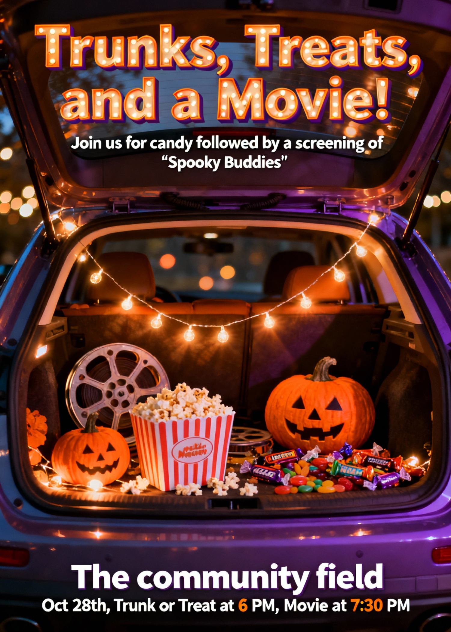 trunk or treat and movie night event invitation