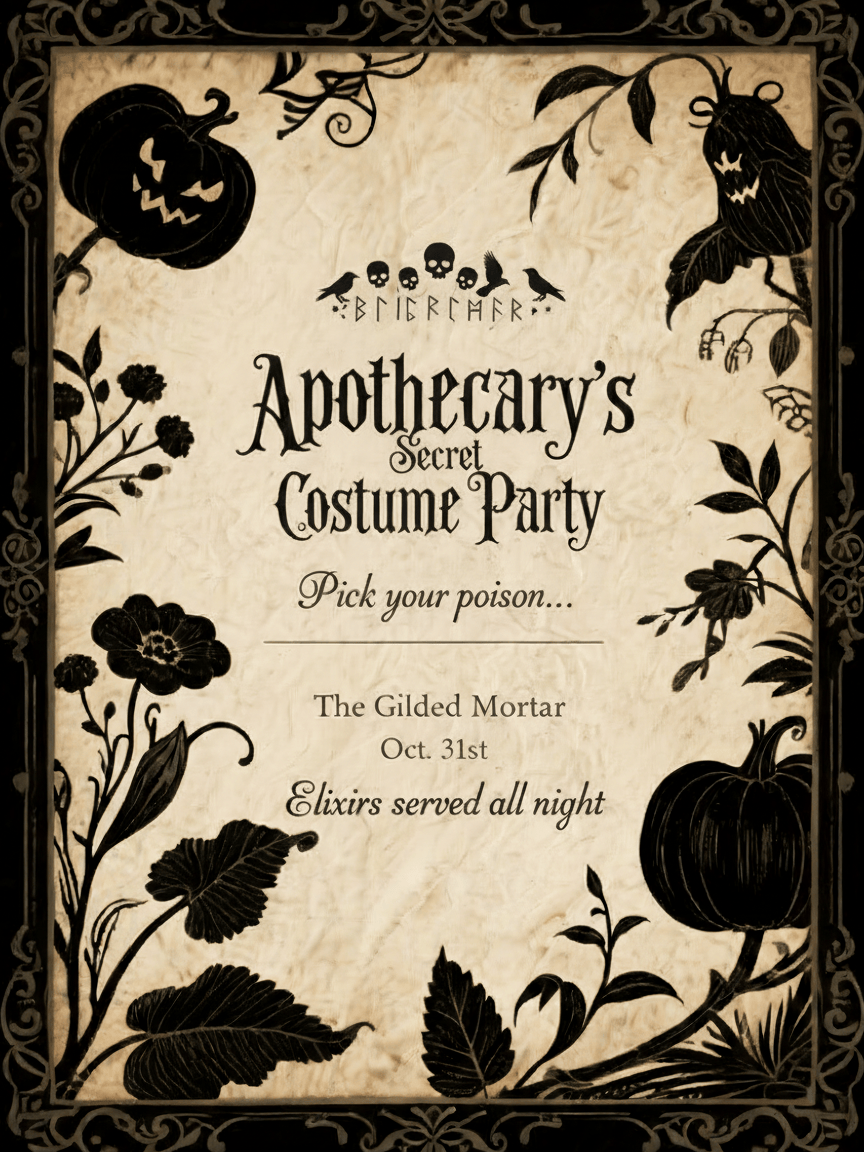 victorian gothic halloween party invite with spooky apothecary potions