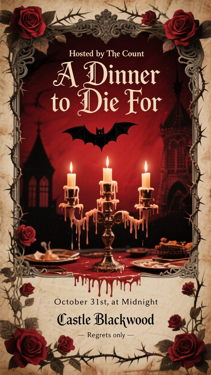 victorian gothic halloween dinner party invitation with candelabra