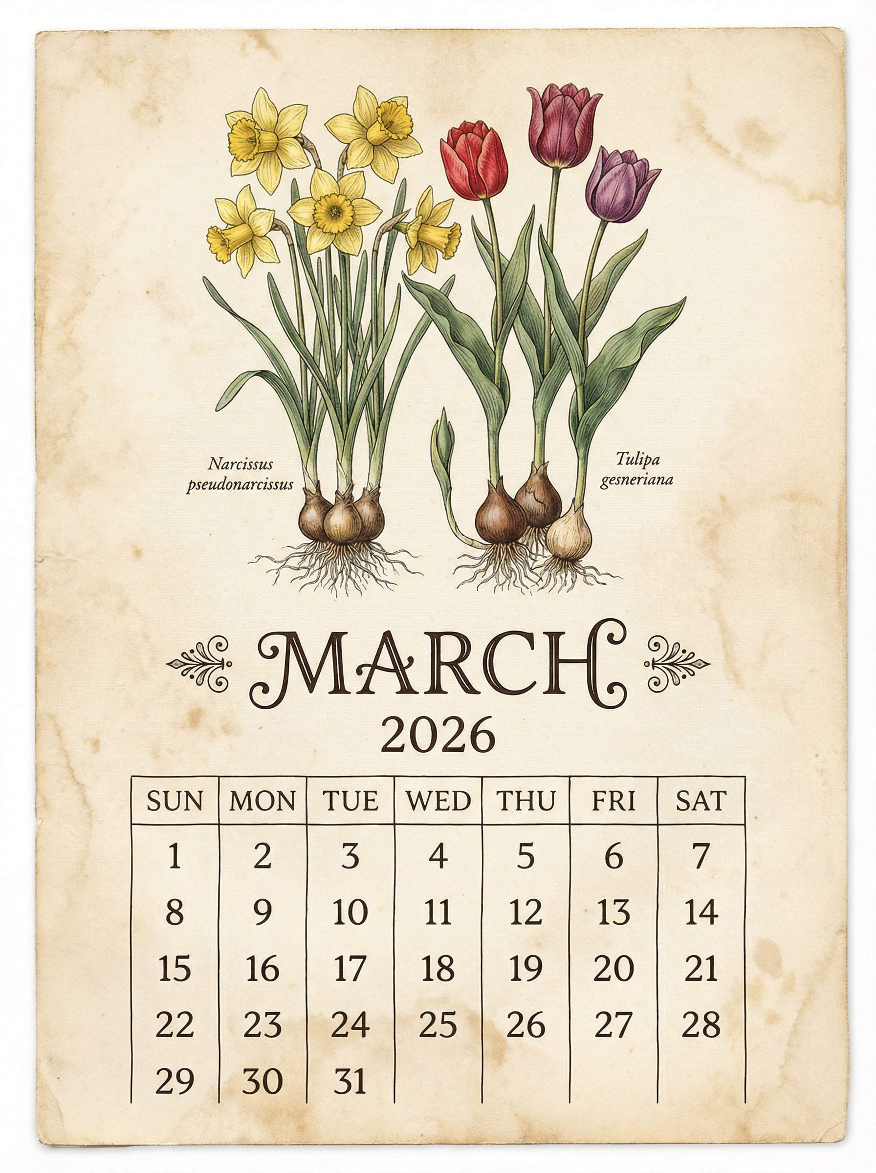 复古花卉植物日历插图