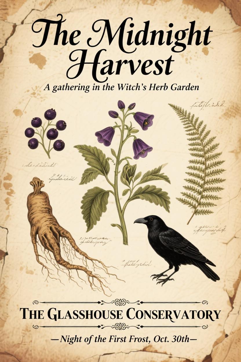 vintage halloween invitation with botanical illustration of herbs
