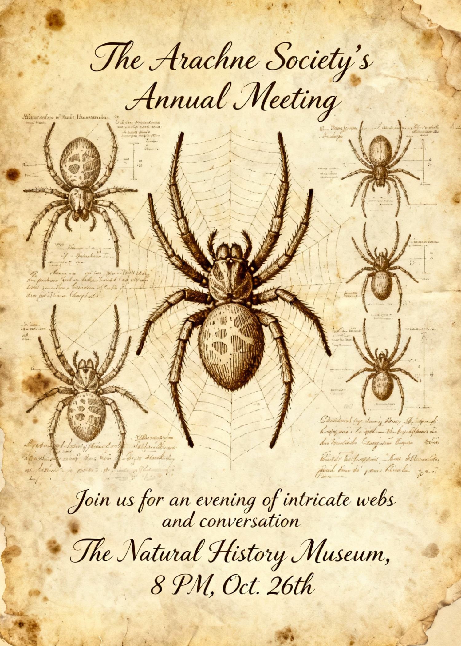 spooky vintage halloween card with scientific spider illustrations