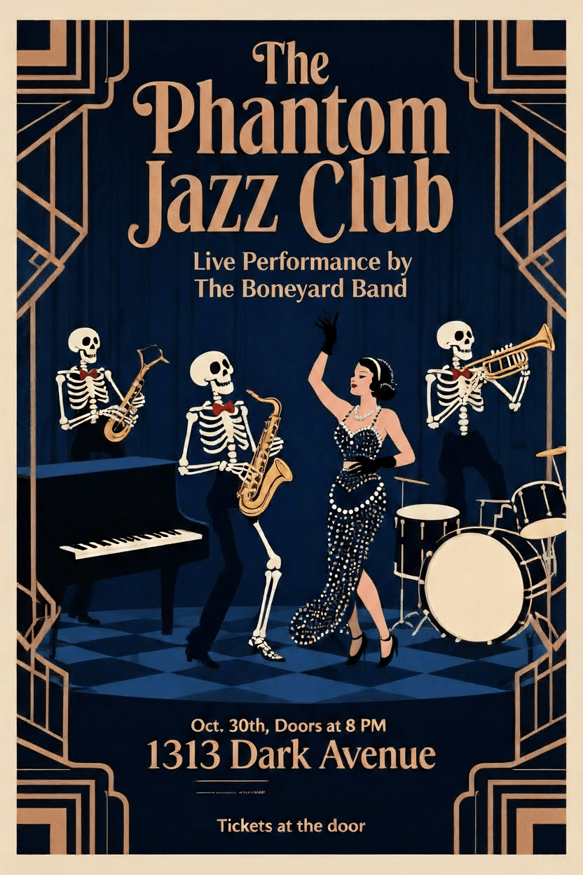 retro art deco halloween invite with skeleton jazz band