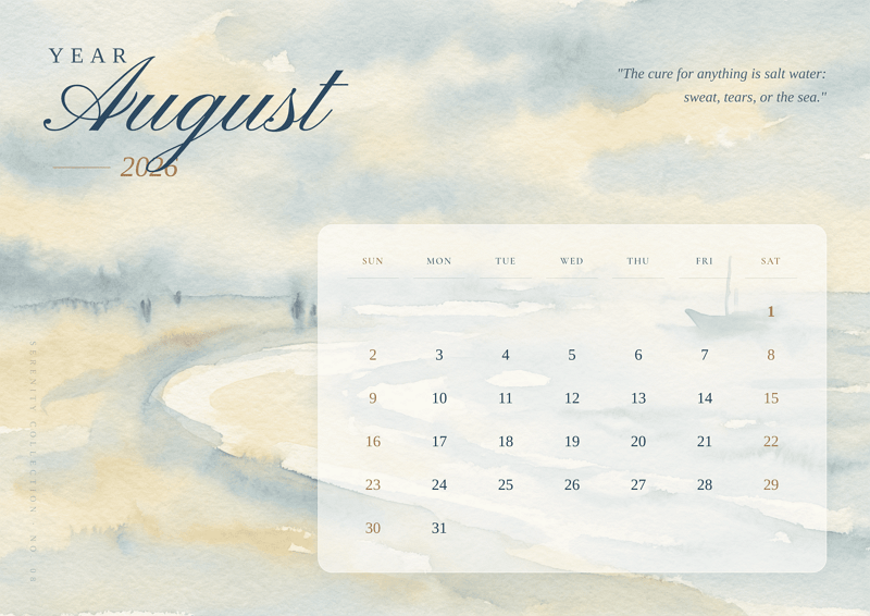 宁静水彩海滩风景日历
