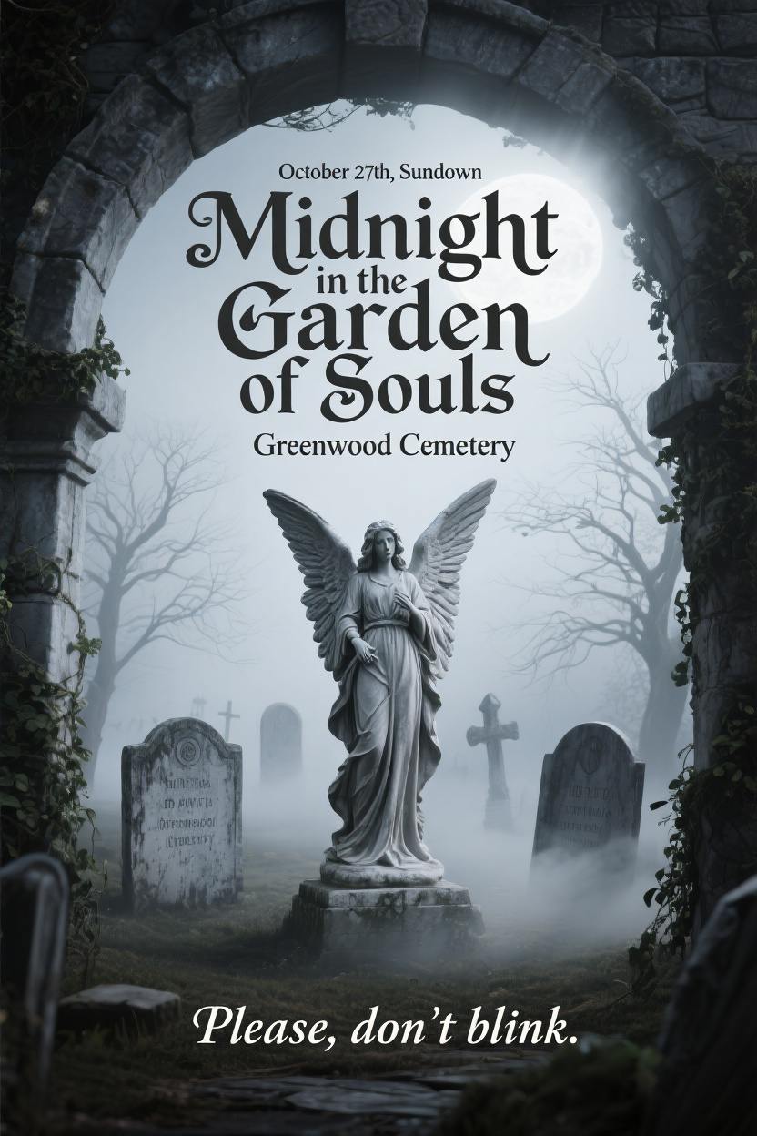 victorian gothic invitation for a halloween party with weeping angel in foggy cemetery