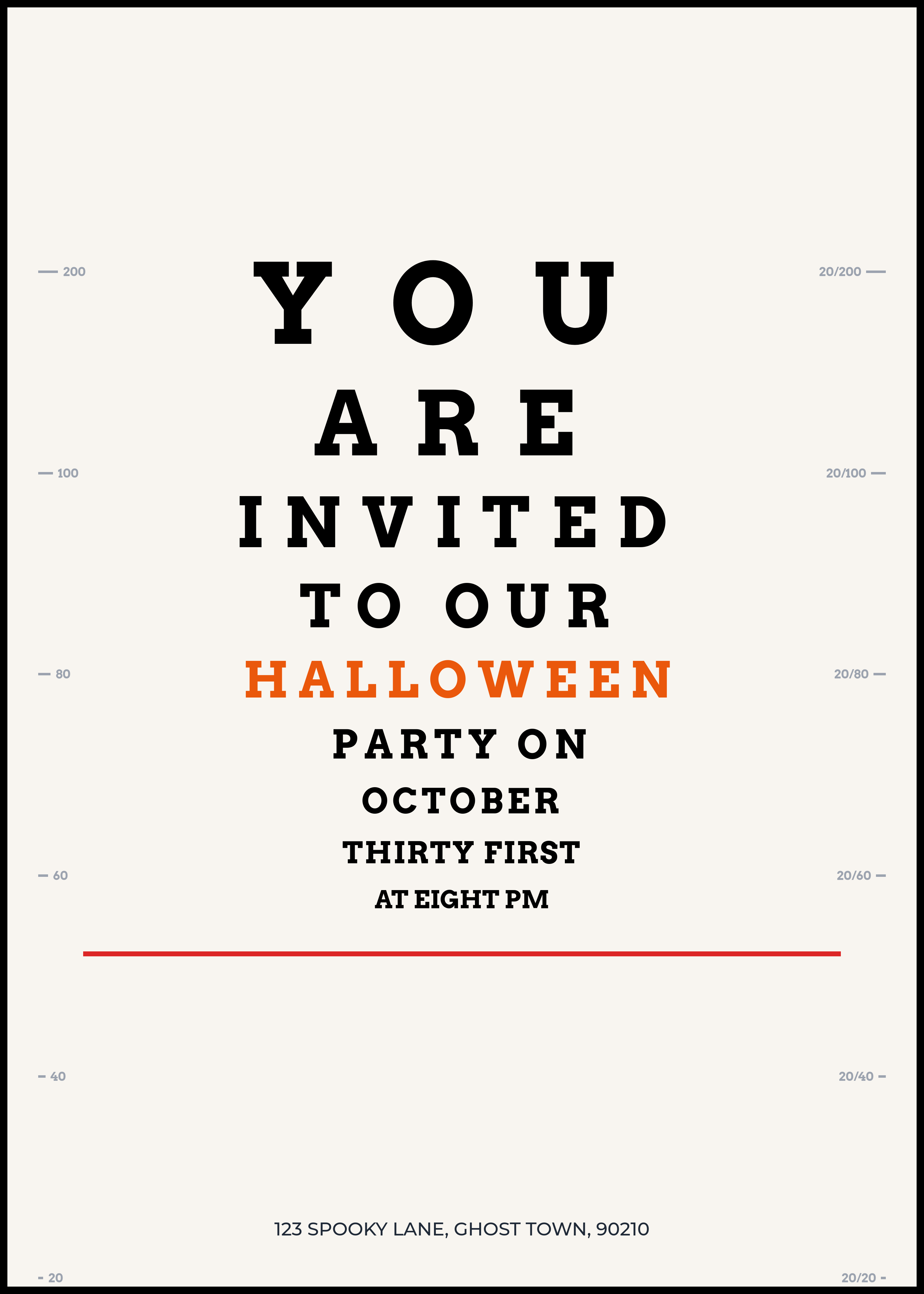 witty halloween invitation designed as an eye chart