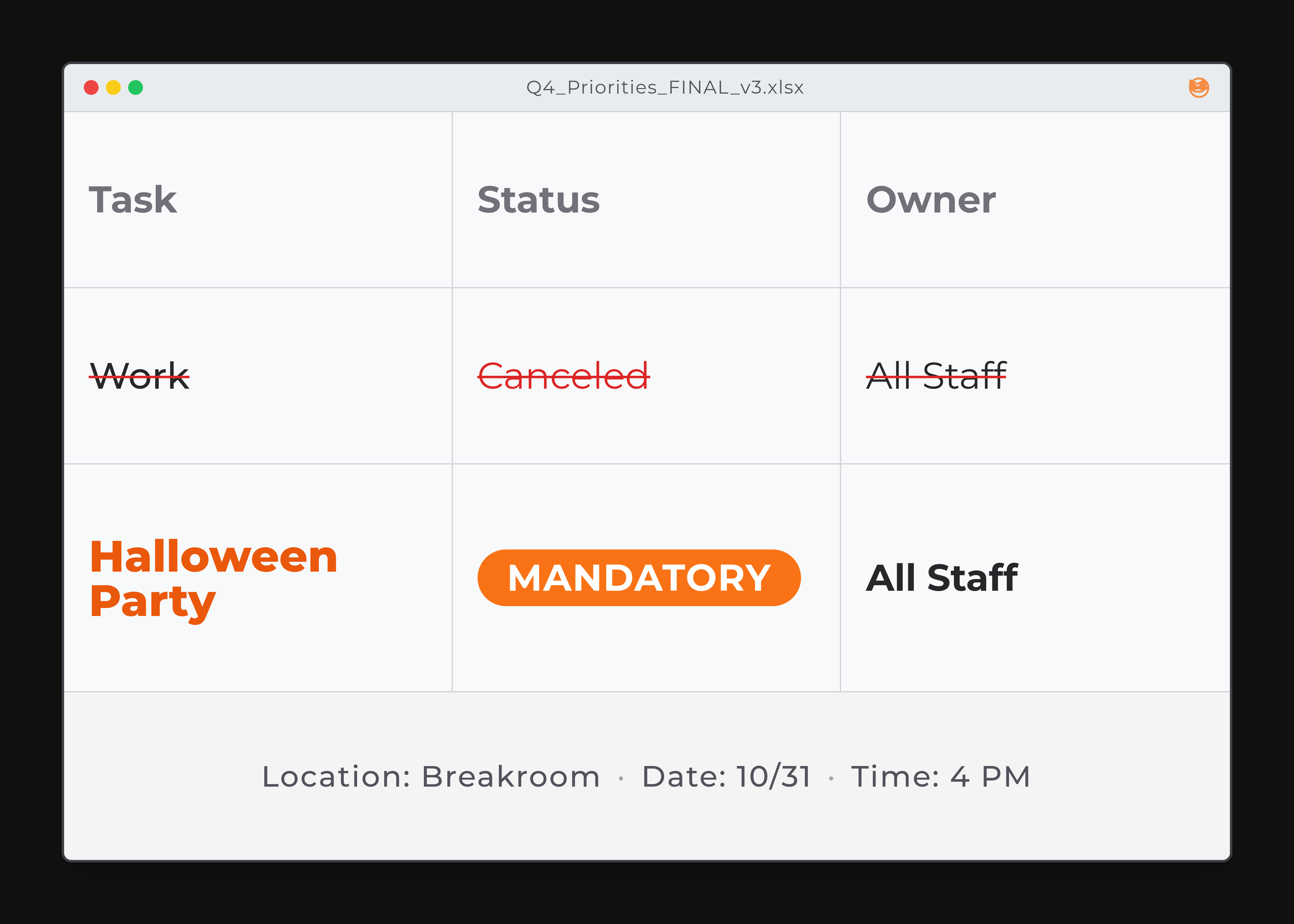 witty office halloween invitation as a spreadsheet