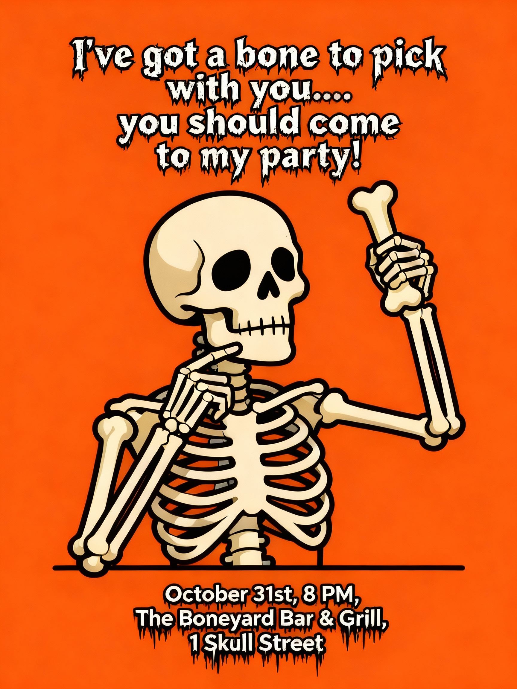 witty halloween invitation card with cartoon skeleton