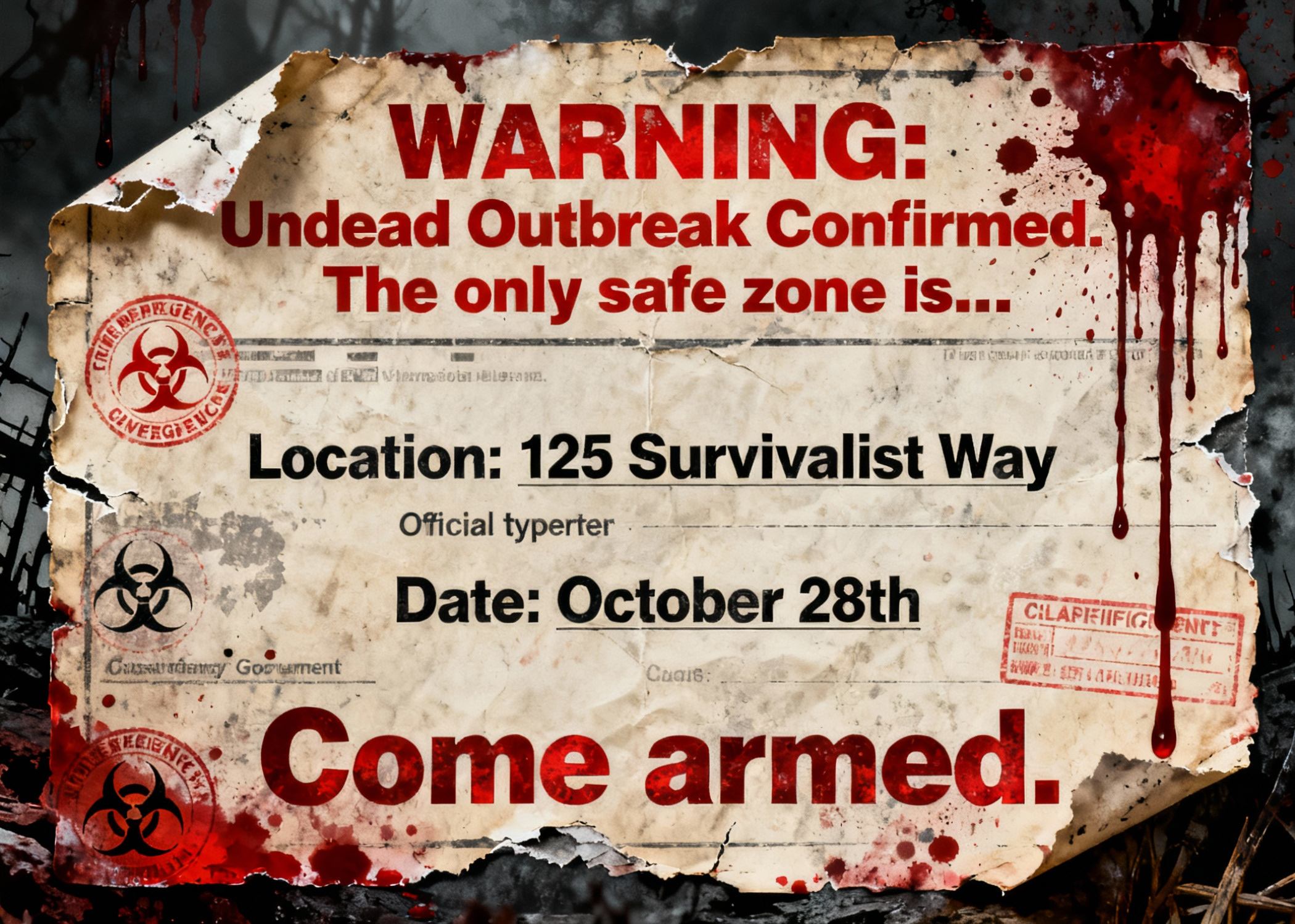 zombie apocalypse party invite as emergency broadcast