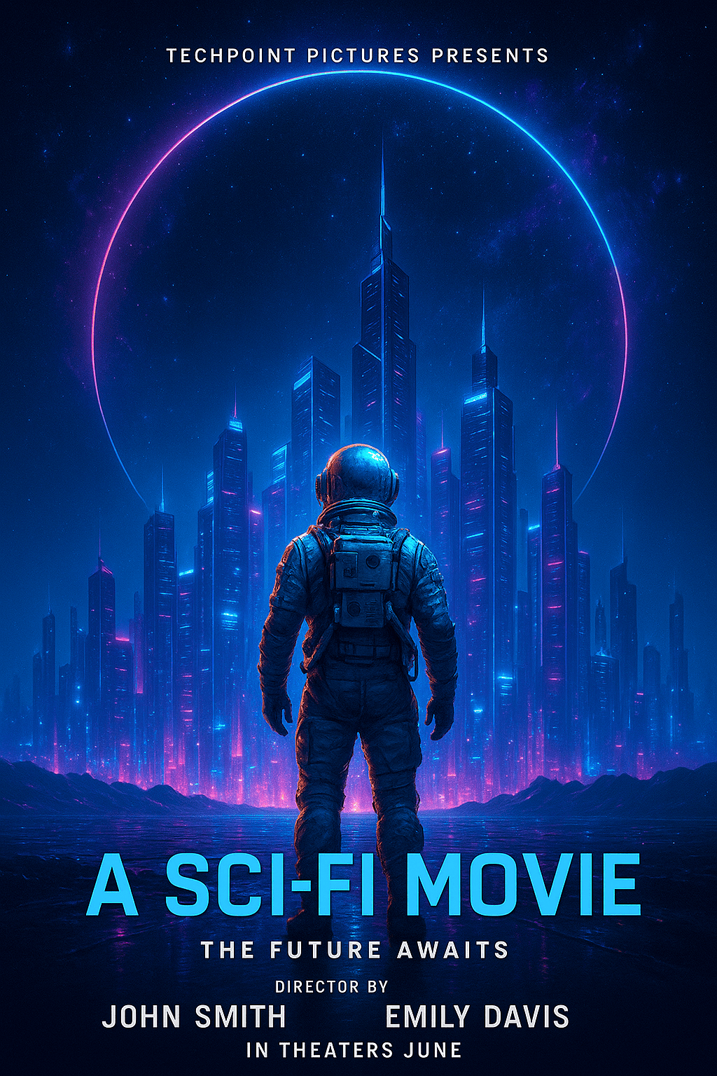 ki sci fi filmposter mit futuristischen elementen und kühlen farben