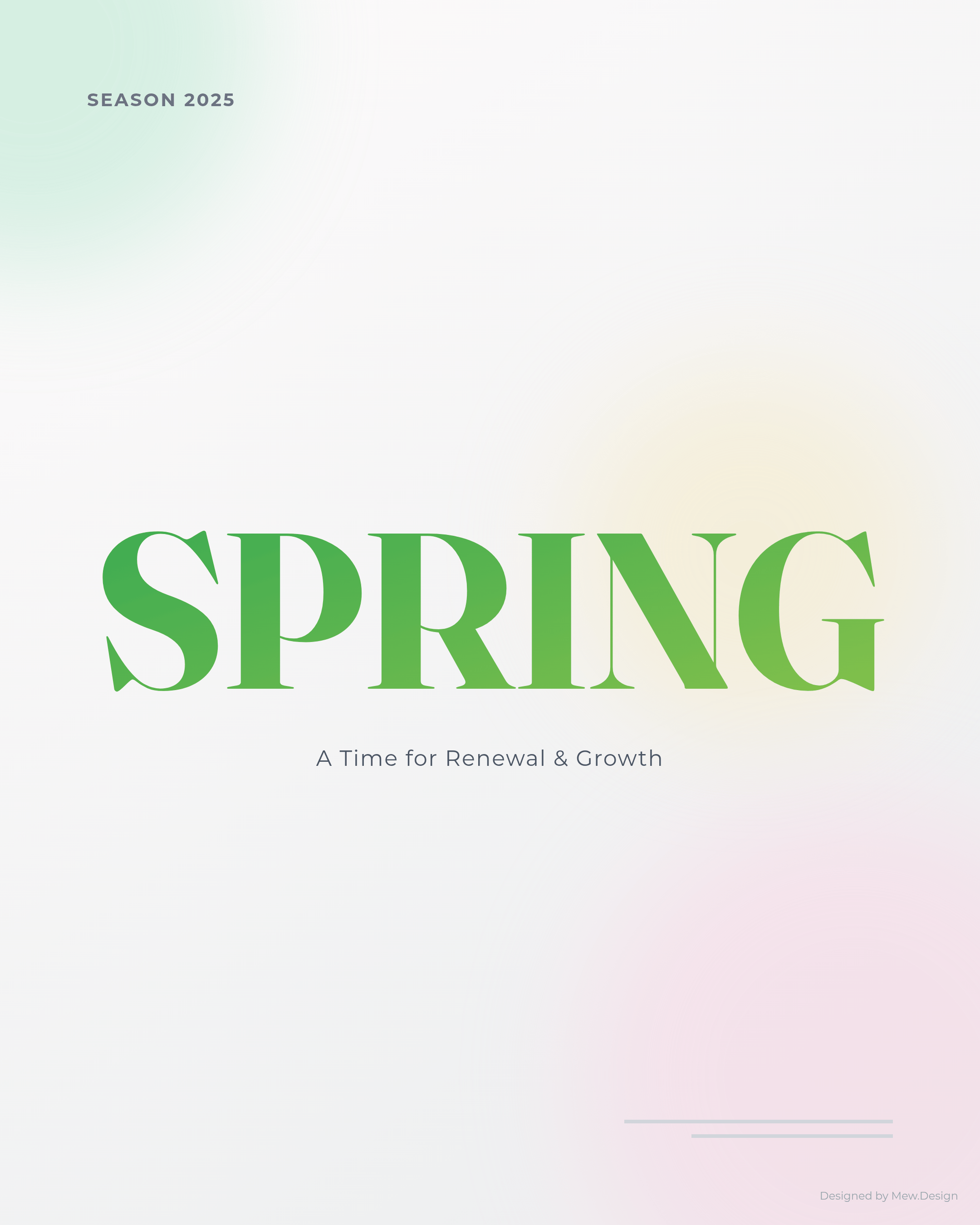 Minimal Spring poster cover with large green serif typography, airy white space, pastel color wash, and renewal subtitle.
