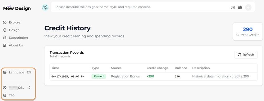 profile settings and credit balance