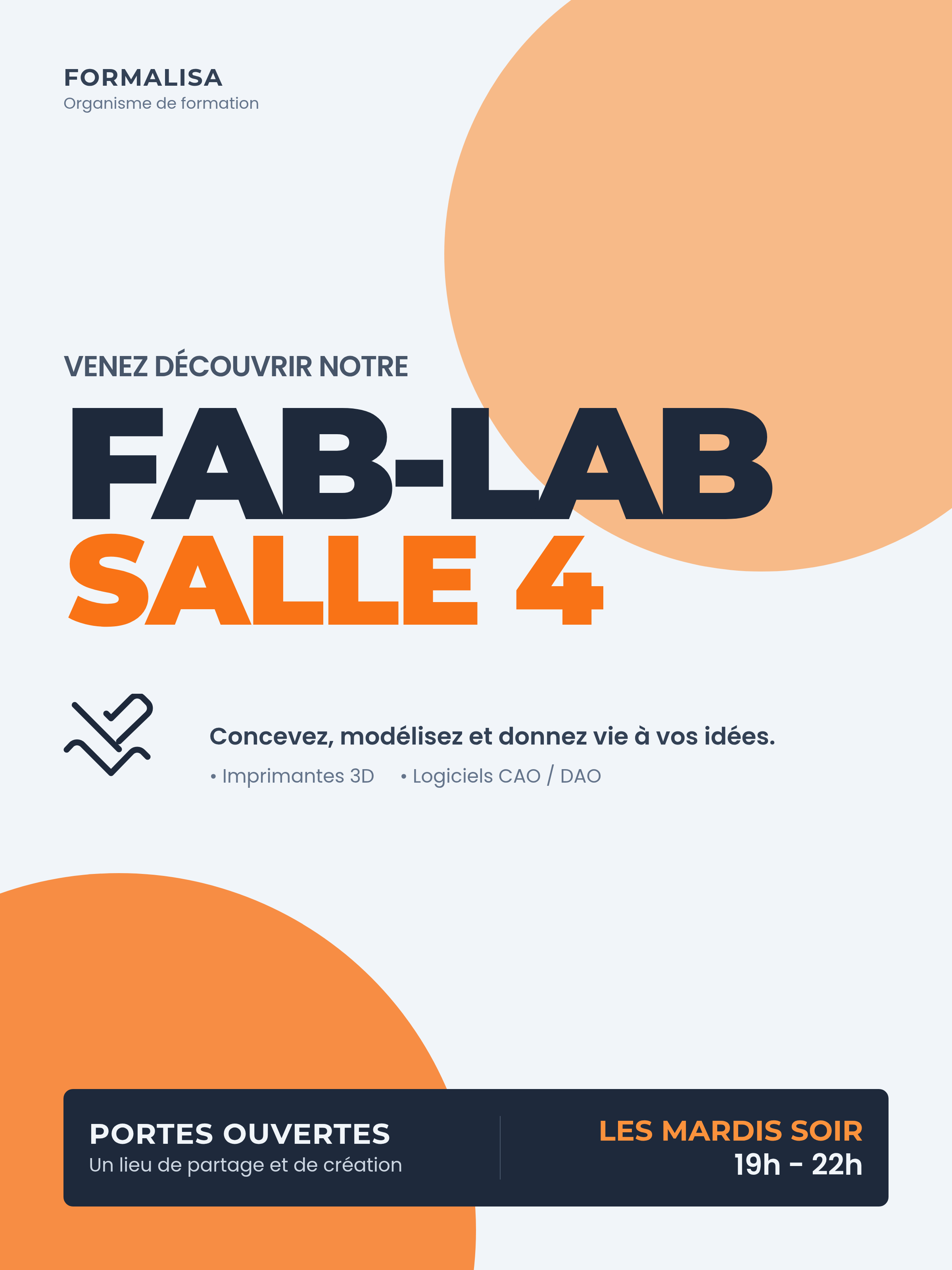 French FORMALISA poster announcing FAB-LAB SALLE 4 in navy and orange type, with orange circles and a navy bar for Tuesday 19h–22h