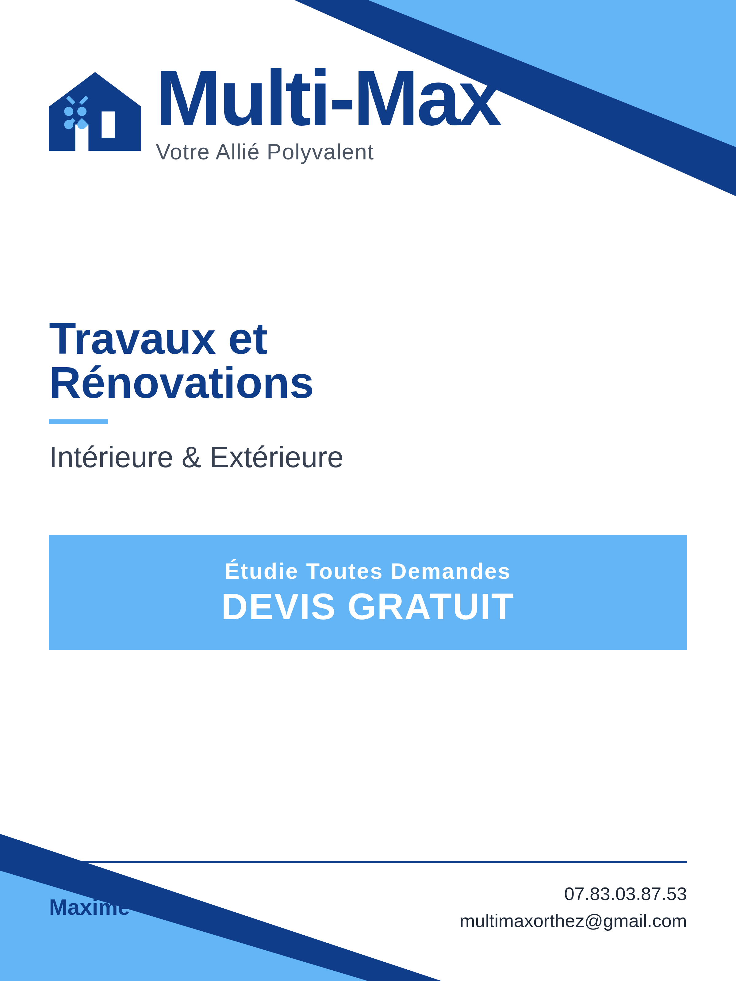 French Multi-Max renovation landing-page concept with a navy house mark, large headings, diagonal blue bands, and a sky-blue estimate panel