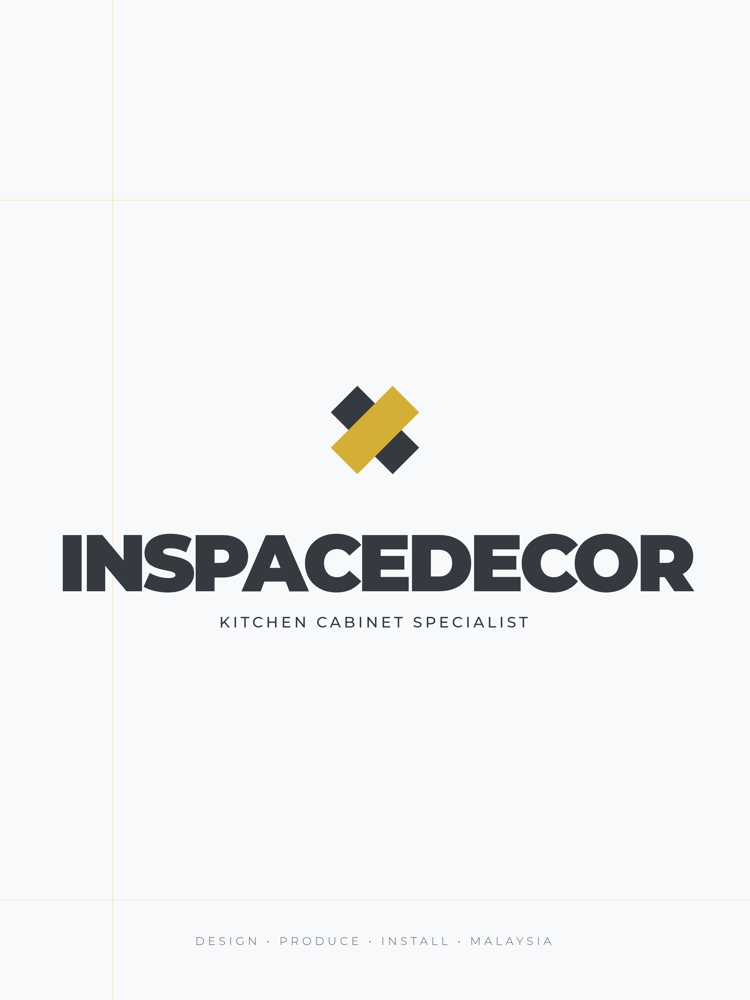 Minimal interior decor logo with geometric gold and dark icon mark, bold sans-serif wordmark, and white background.