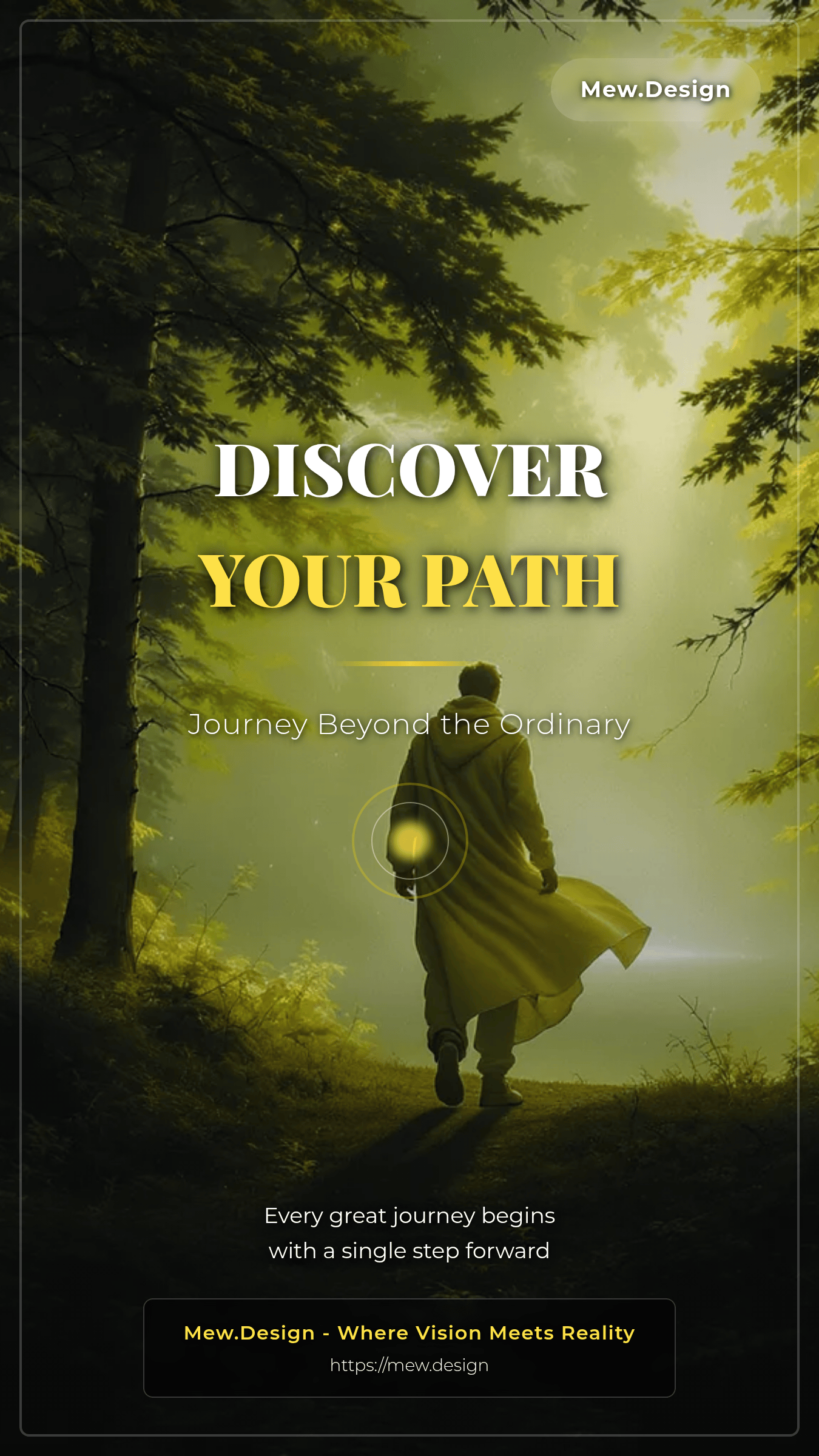 Hooded traveler walking through a misty yellow-green forest beneath white and yellow DISCOVER YOUR PATH serif lettering