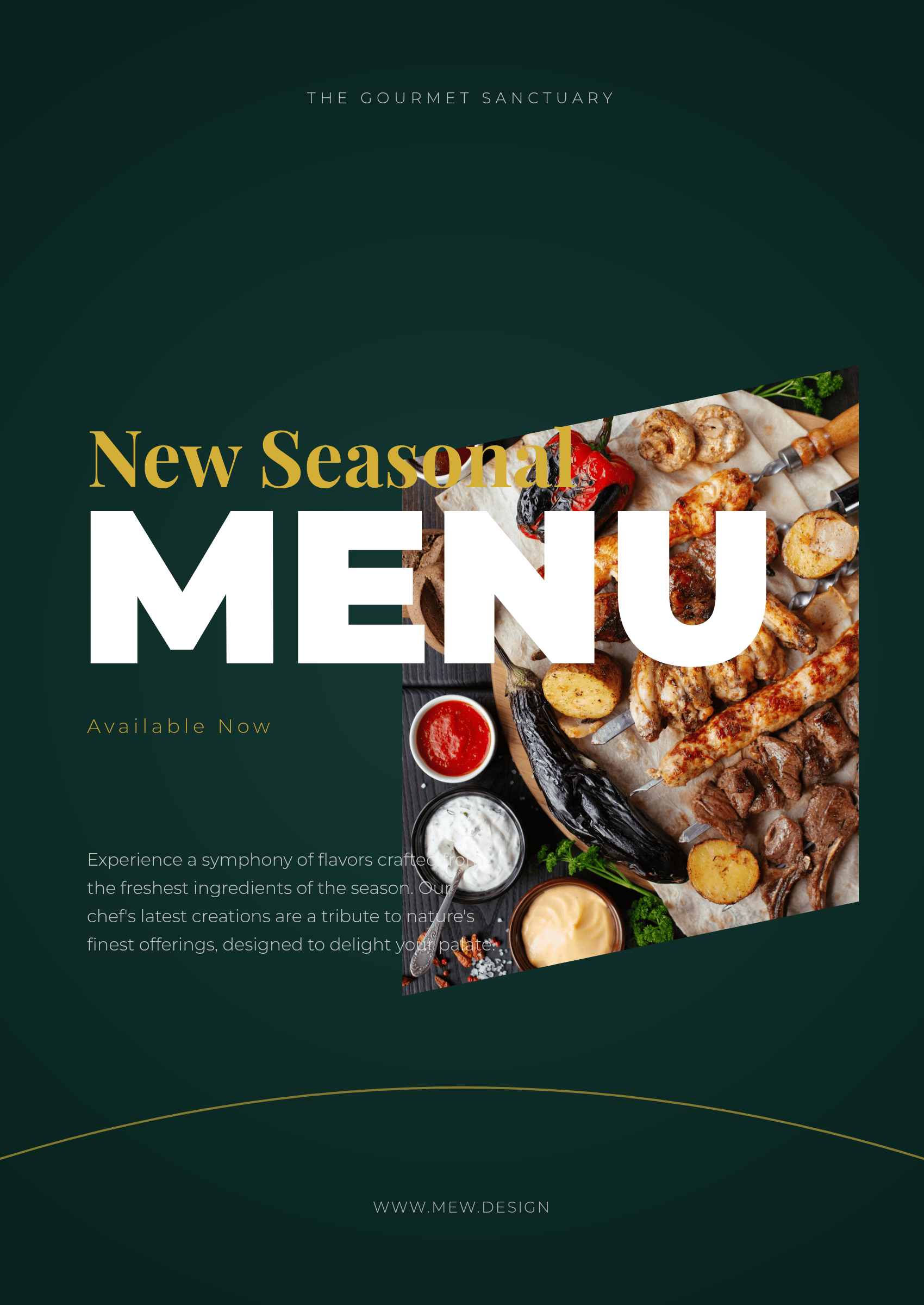Dark green restaurant menu poster with grilled food photo, large Menu typography, gold accents, and curved line details.