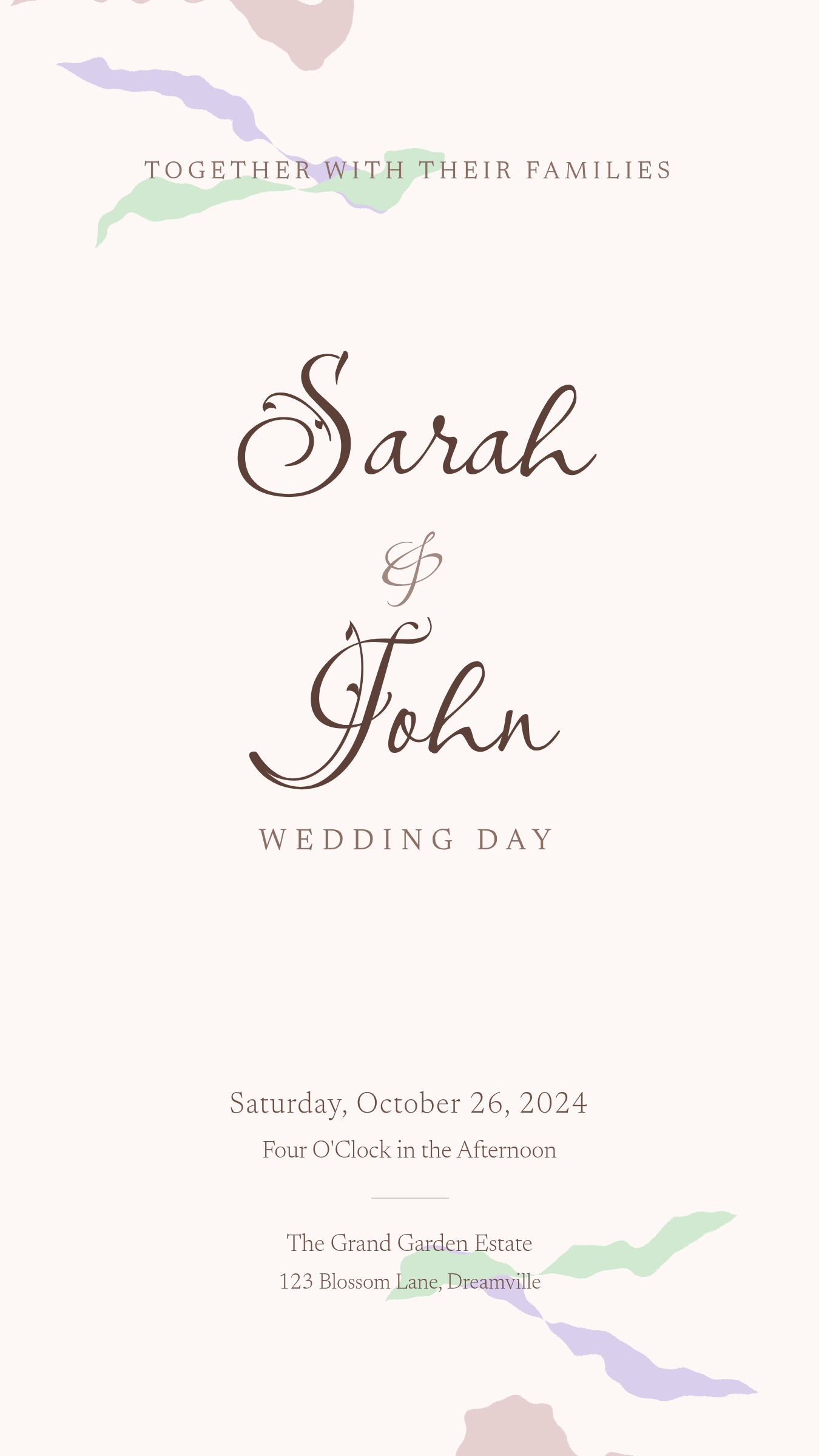 Minimal wedding invitation card with Sarah and John script names, blush pastel accents, abstract shapes, and ceremony details.