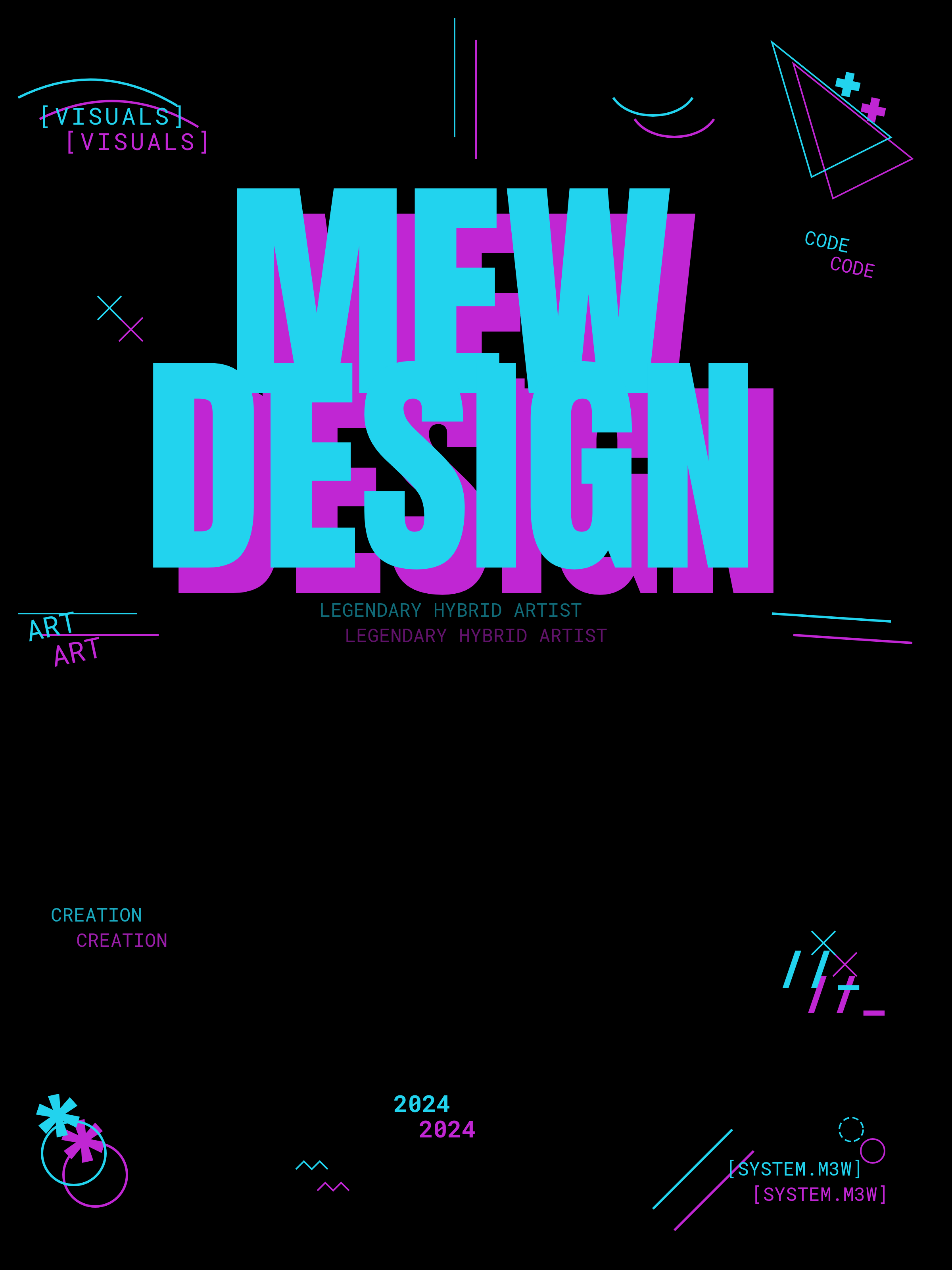 Black poster with large cyan MEW DESIGN lettering over a magenta offset, surrounded by doubled labels and thin neon line shapes
