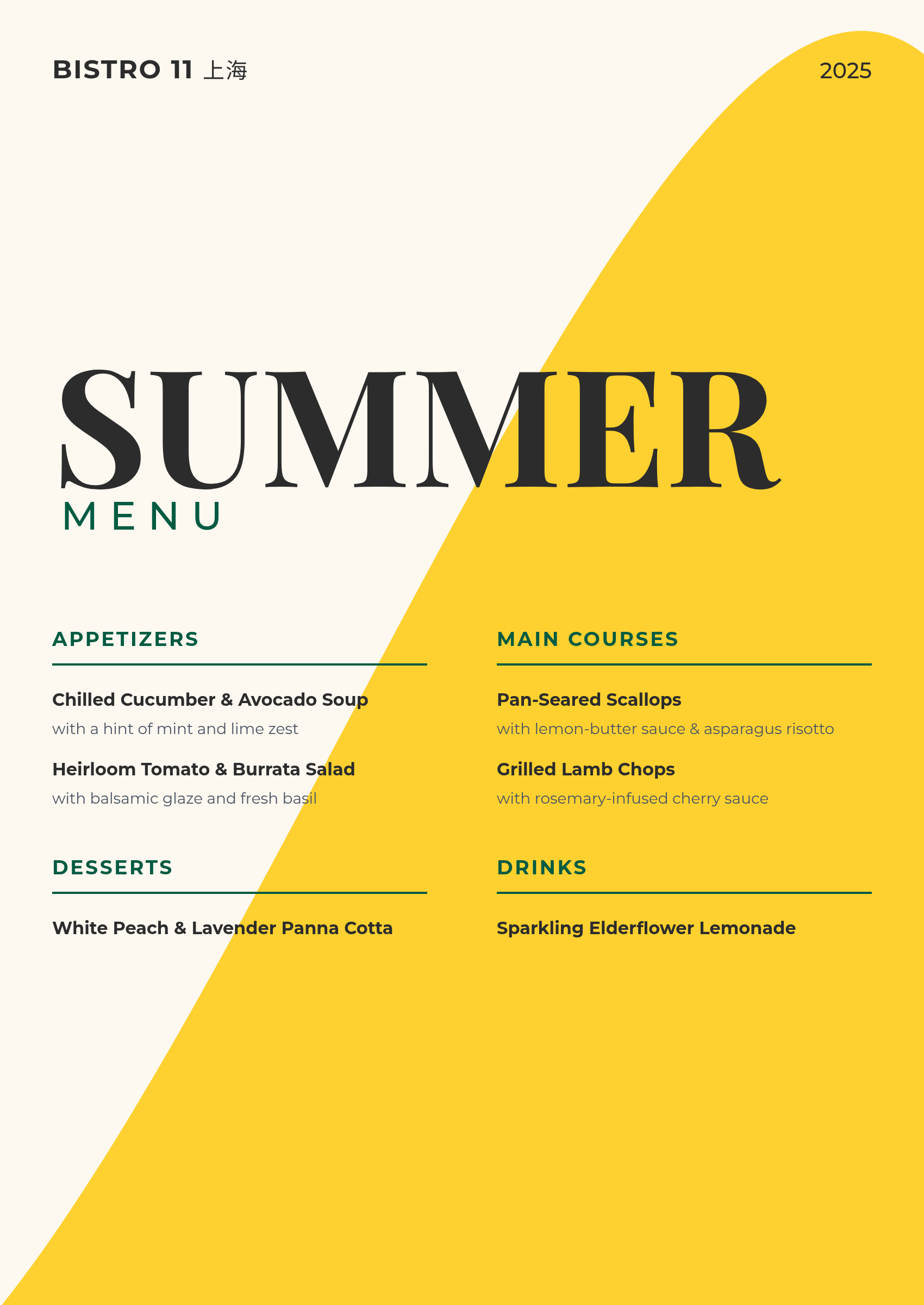 Minimal summer restaurant menu with large serif headline, yellow wave shape, appetizers and main course columns.