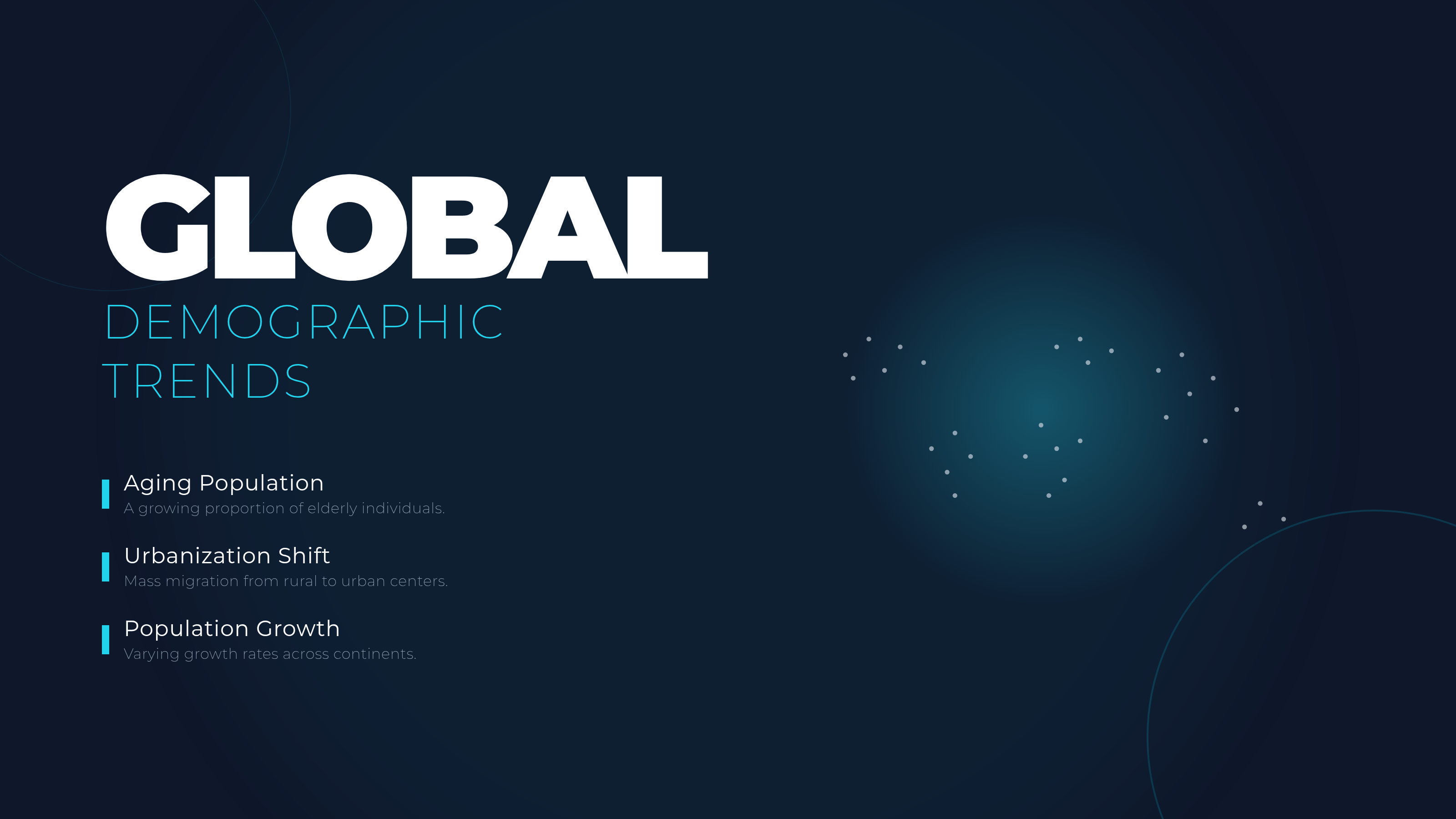 Dark global demographic trends slide with large title, topic list, dotted world map glow, and teal accent.