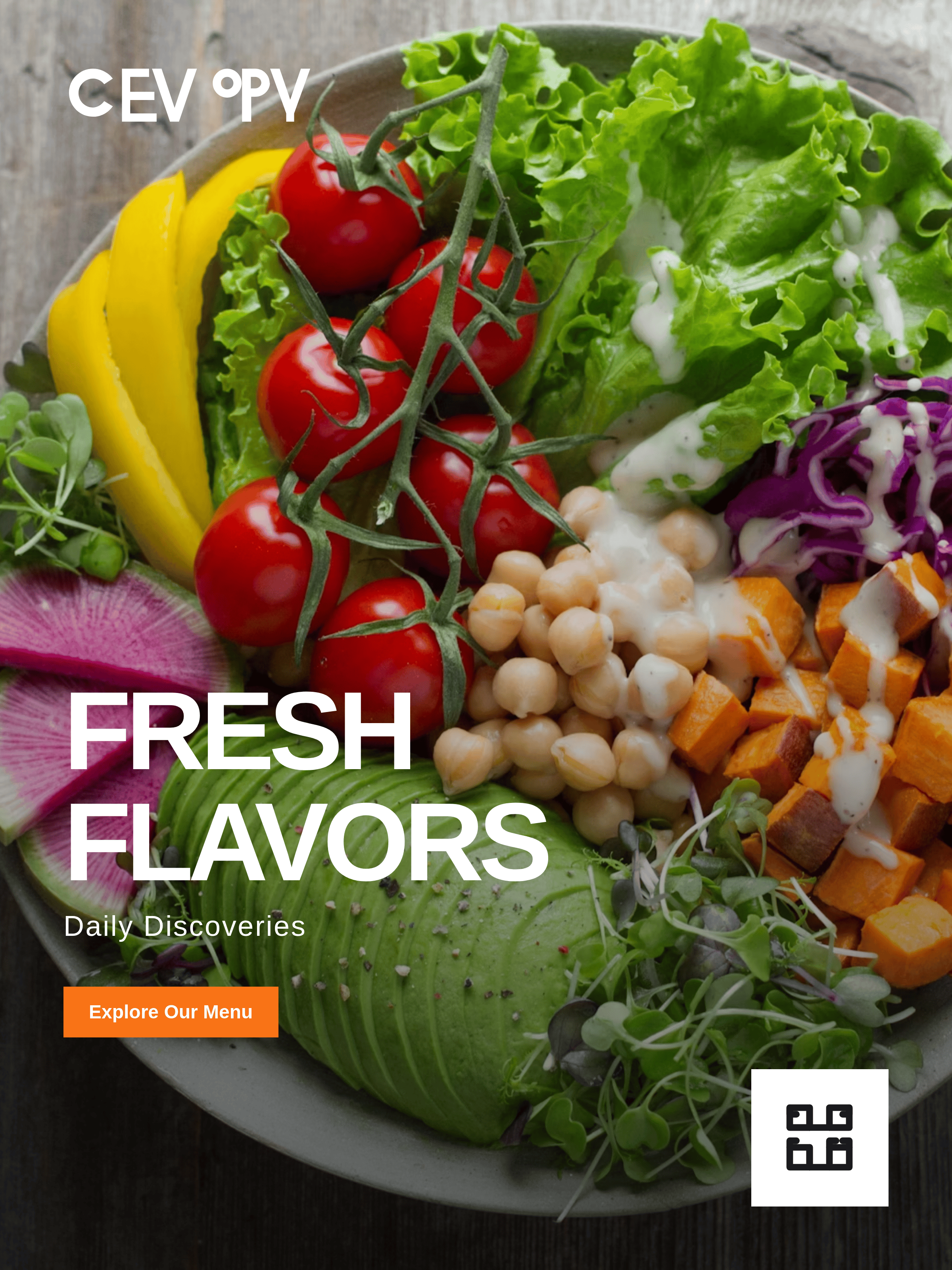 Overhead salad bowl with tomatoes, chickpeas, avocado, and sweet potato under white FRESH FLAVORS text and an orange menu button