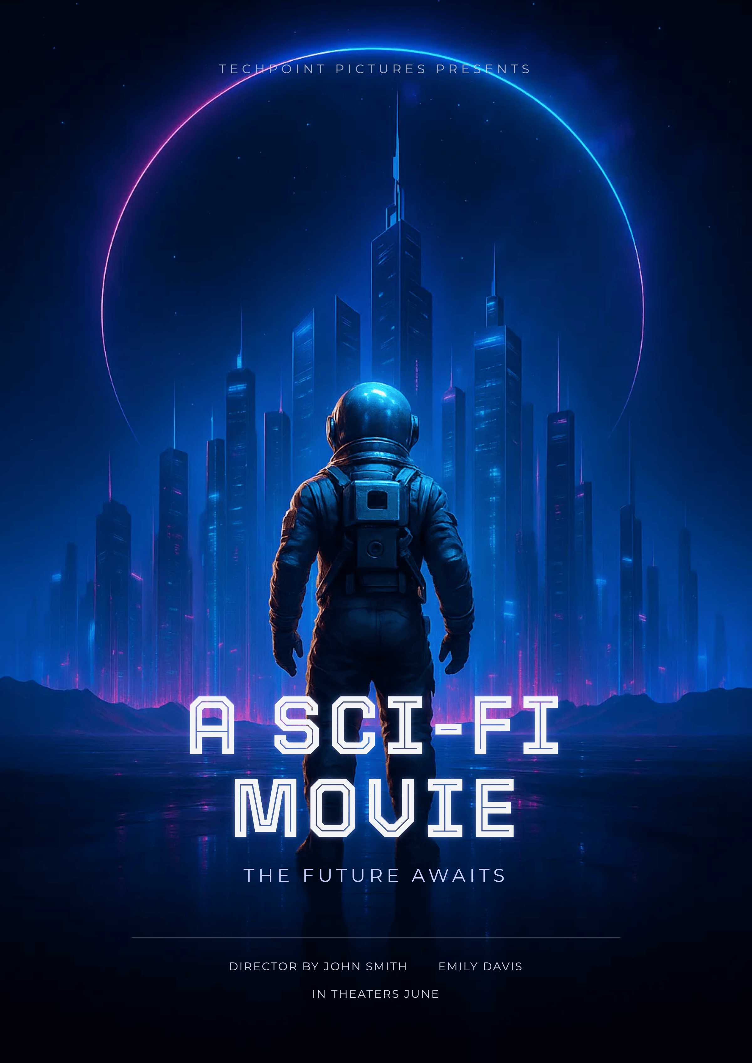 Blue sci-fi movie poster with astronaut facing futuristic city, glowing neon ring, moody atmosphere, and bold title typography.