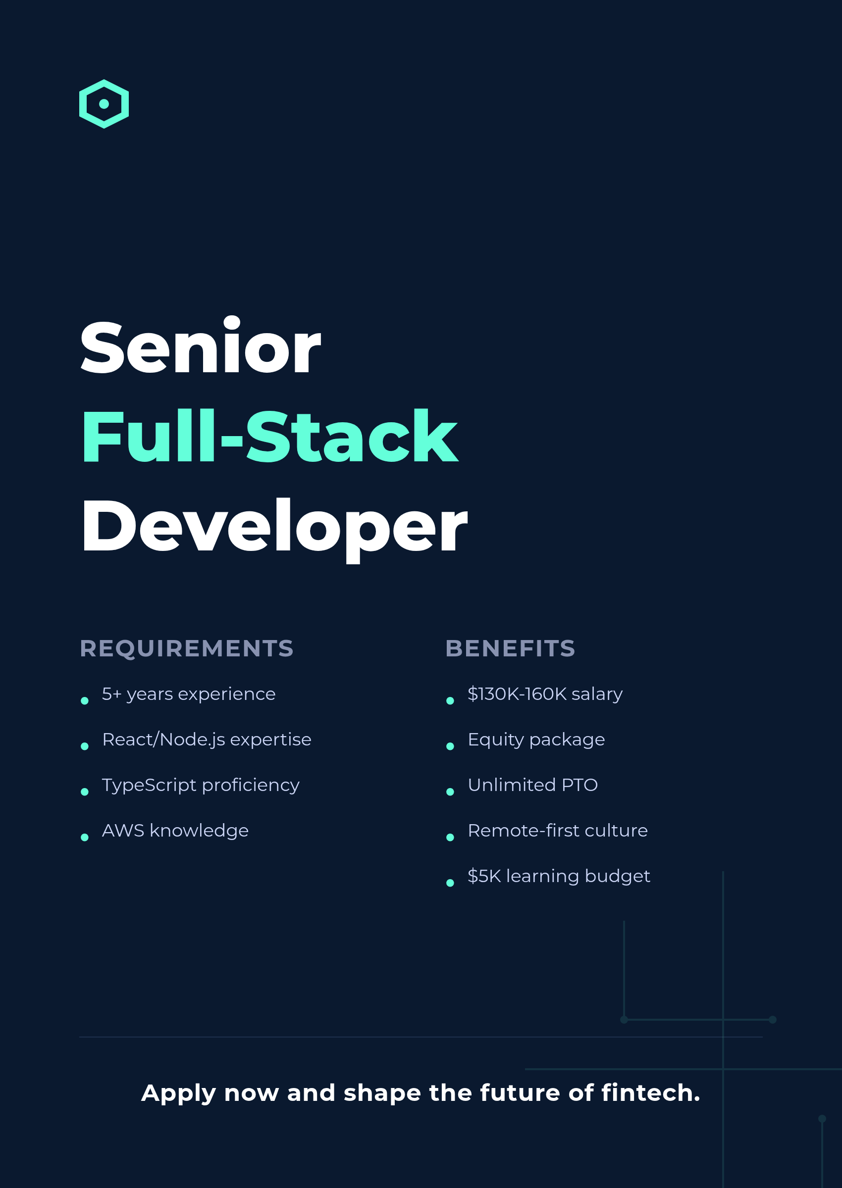 Dark hiring poster for Senior Full-Stack Developer role with teal typography, requirements, benefits, and fintech recruiting layout.