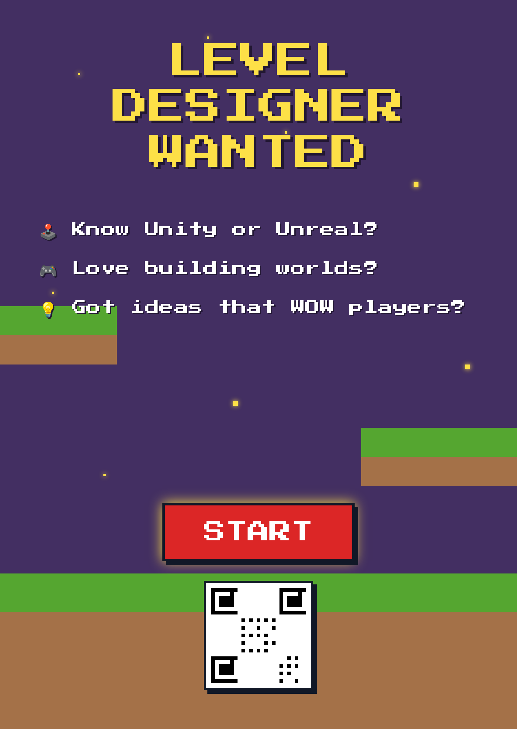 Purple pixel-art poster reading LEVEL DESIGNER WANTED with game questions, grass platforms, a red START button, and a QR-like code